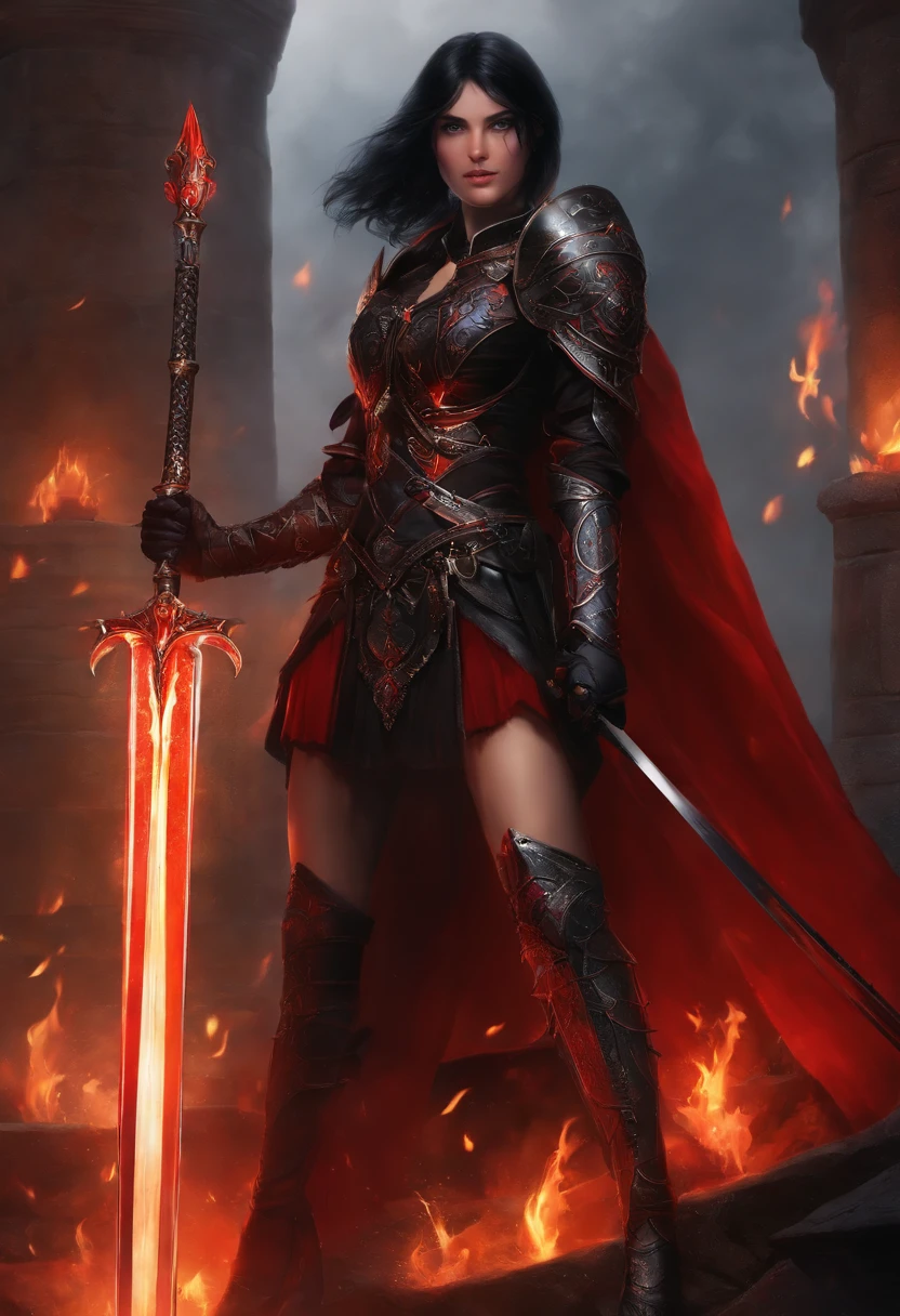1girl, black hair, armor black, eyes red, sword black flames, castle