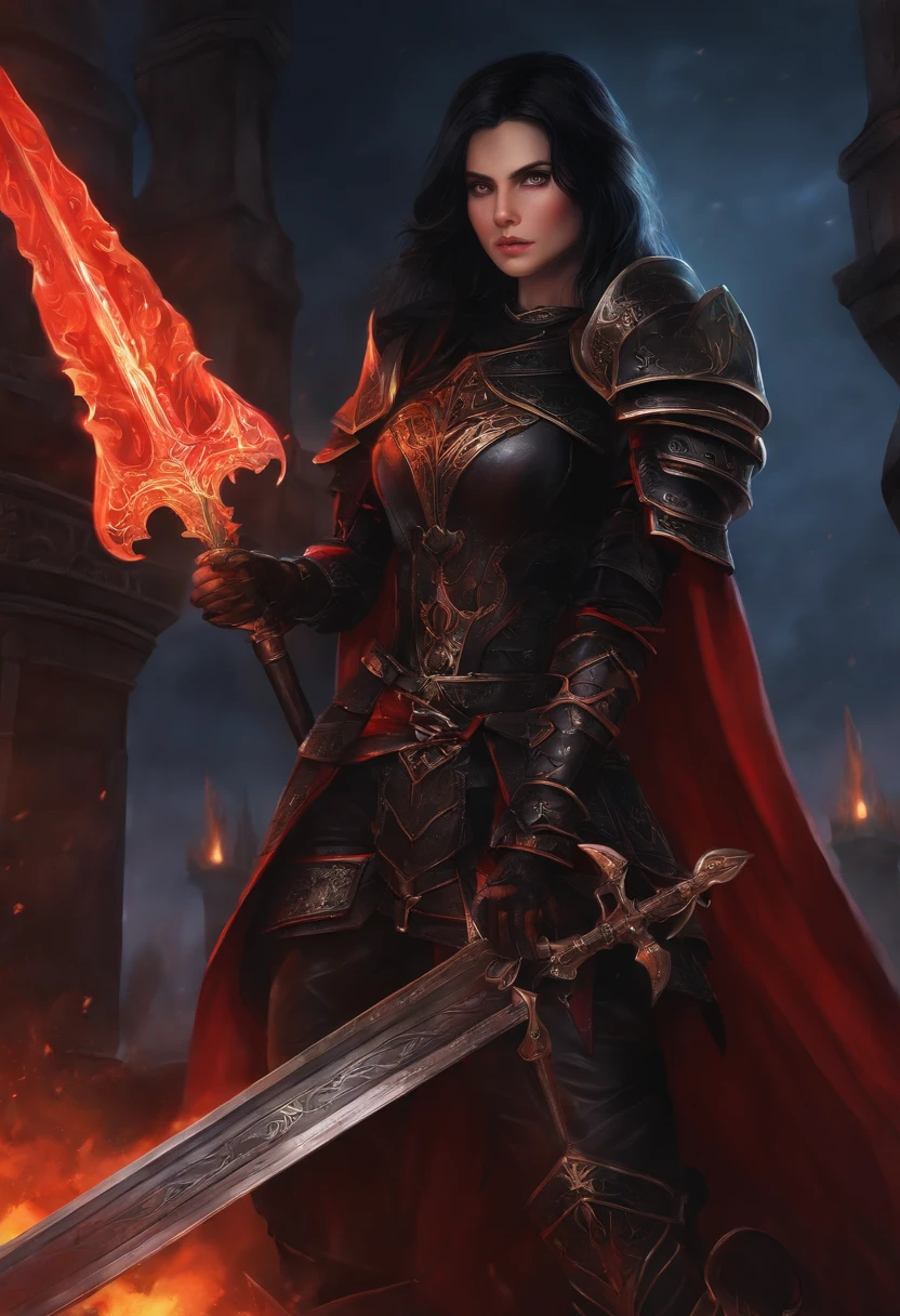 1girl, black hair, armor black, eyes red, sword black flames, castle
