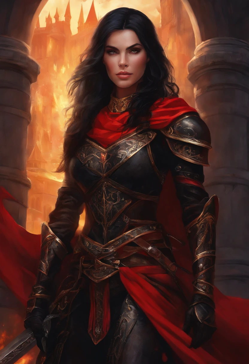 1girl, black hair, armor black, eyes red, sword black flames, castle