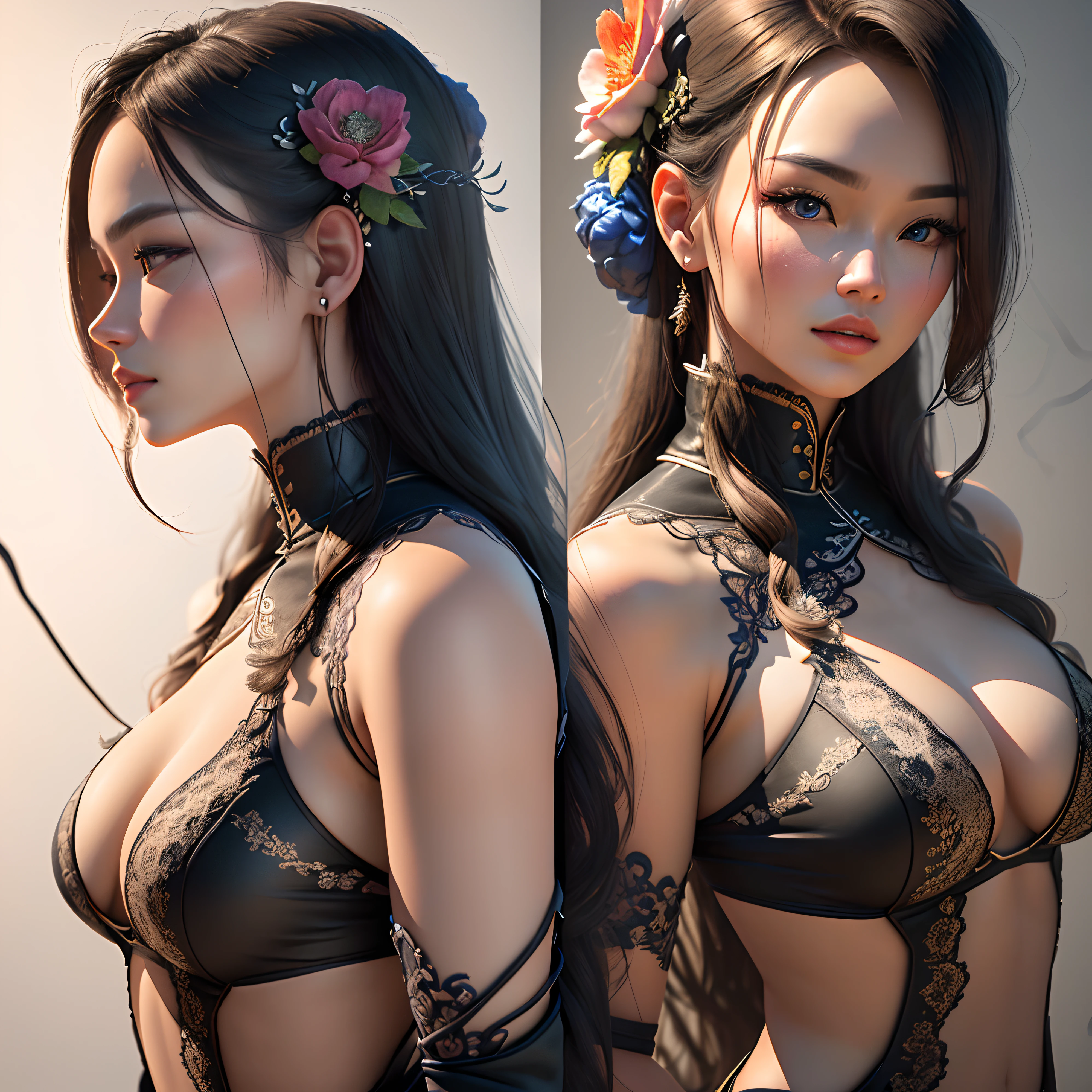 Character sheet, ultra-detailed complex 3d rendering with porcelain profile of Vietnamese character, maximalist beautiful studio soft light, rim lighting, vibrant details, lace, hyper-realistic, hand, facial muscles, electric wires, microchip, elegant, beautiful background, octane, H.R. style giger