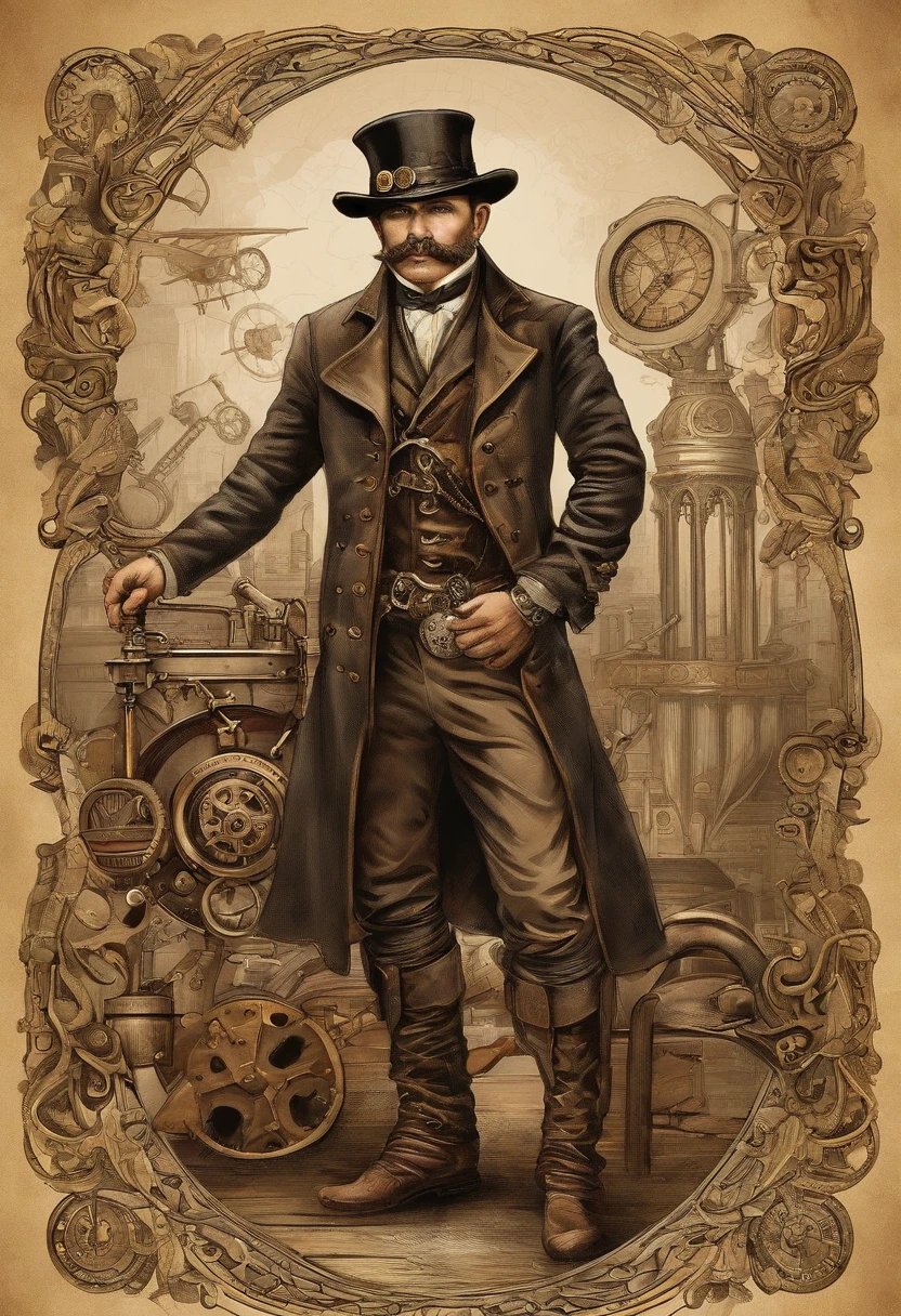 There's a man wearing a Steam Punk hat and holding a gun., usando trajes Steampunk steampunk, (Steampunk), ( Steampunk ), estilo steampunk, Steam-punk, Steampunk Fiction, steampunk aesthetic, steampunk homem, Steampunk, fantasia Steampunk, estilo de fantasia steampunk, arte steampunk, arte digital steampunk, roupas Steampunk