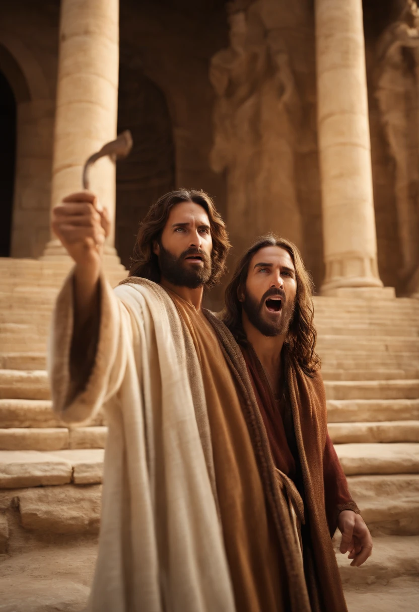 (((renderizado))),((Jesus with a whip in his hands, virando as mesas com dinheiro, Scaring the Temple Moneychangers in the New Testament Period)), (Detail in Jesus' angry expression),(Detailed eyes and beard and hair in high resolution),(fundo patio do templo em jerusalem ),(atmosfera revolta, Ira), Angry photo with professional photo with Canon EOS M6 camera),8k,JERUSALEM IN BIBLICAL TIMES