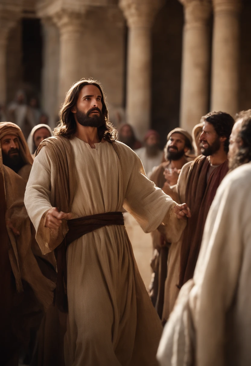(((renderizado))),((Jesus with a whip in his hands, virando as mesas com dinheiro, Scaring the Temple Moneychangers in the New Testament Period)), (Detail in Jesus' angry expression),(Detailed eyes and beard and hair in high resolution),(fundo patio do templo em jerusalem ),(atmosfera revolta, Ira), Angry photo with professional photo with Canon EOS M6 camera),8k,JERUSALEM IN BIBLICAL TIMES