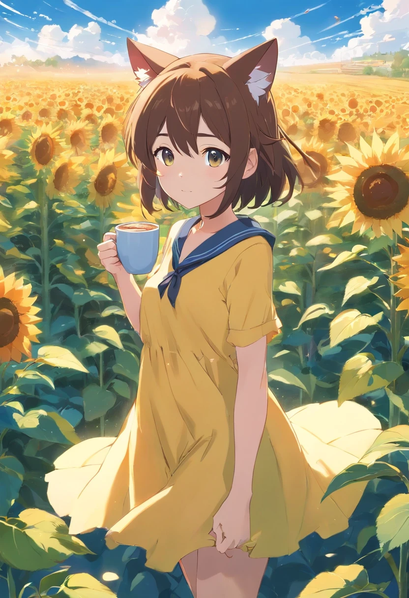 anime cat in a yellow dress drinking coffee in a cozy room, cute anime cat, beautiful sunflower anime, anime visual of a cute cat, cute cat in a sunflower field, , splash art anime loliending on artstation pixiv, official anime artwork, white cat, beautiful anime cat, pixiv, very beautiful cute cat
