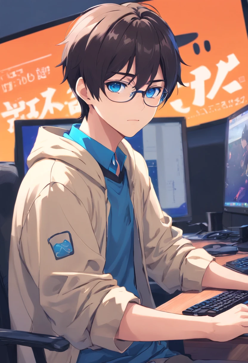 Anime boys call to talk, IG Studios anime style, nightcore, Style of anime4 K, High-quality anime art style, anime boy, young anime man, anime art style, digital anime illustration, Anime style. 10, In anime style, Male anime characters, kawacy，Best qualtiy：1.0），（ultra-high resolution：1.0），anime boy，They have short black hair..，Blue Eyes，Sitting in front of the computer，Speak into the microphone..，The background is in the esports room..，earings，The head is close to the microphone..,10，Remote view.bespectacled, The nerd sits at his desk with his laptop.