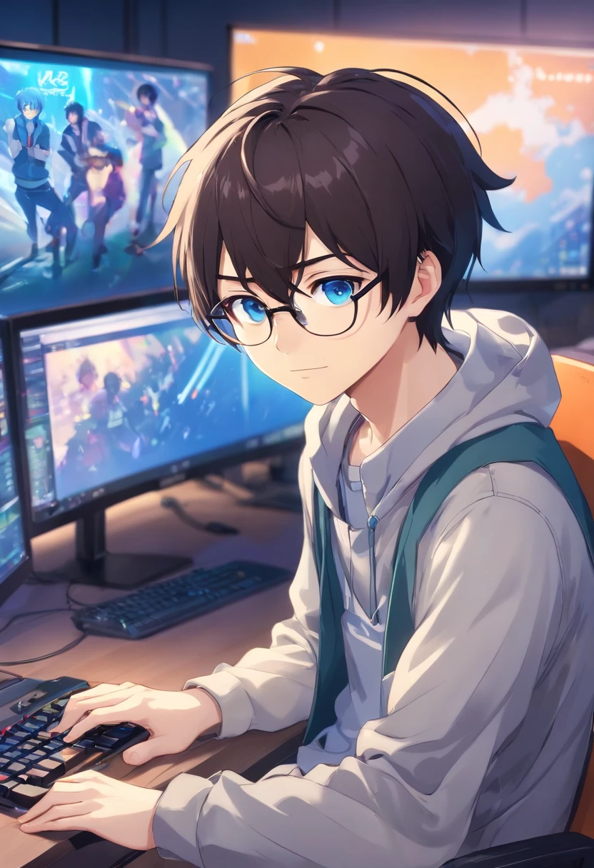 Anime boys call to talk, IG Studios anime style, nightcore, Style of anime4 K, High-quality anime art style, anime boy, young anime man, anime art style, digital anime illustration, Anime style. 10, In anime style, Male anime characters, kawacy,Best qualtiy:1.0),(ultra-high resolution:1.0),anime boy,They have short black hair..,Blue Eyes,Sitting in front of the computer,Speak into the microphone..,The background is in the esports room..,earings,The head is close to the microphone..,10,Remote view.bespectacled, The nerd sits at his desk with his laptop.