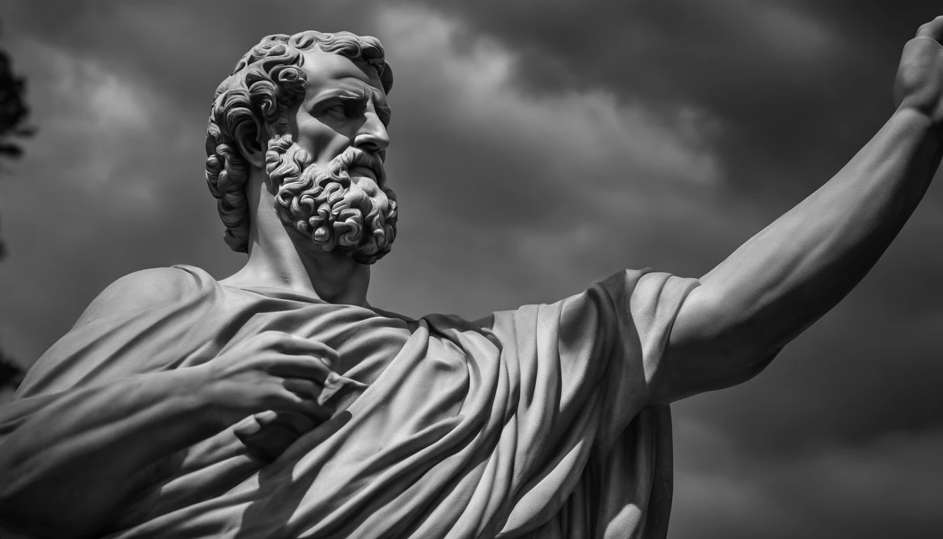 a portrait statue of the stoic Seneca in black and white 4K,Face de lado, papel de parede super realista com fogo atras