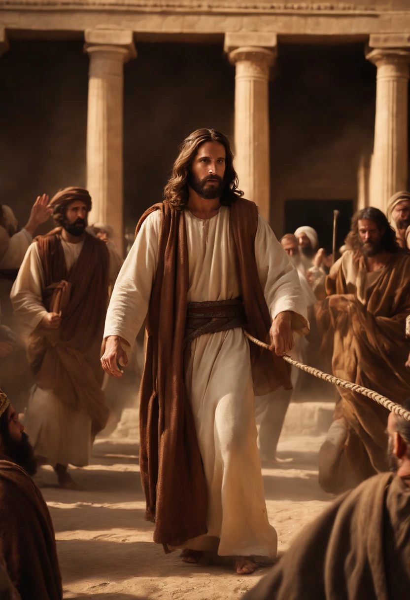 (((renderizado))),((Jesus with a whip in his hands, virando as mesas com dinheiro, Scaring the Temple Moneychangers in the New Testament Period)), (Detail in Jesus' angry expression),(Detailed eyes and beard and hair in high resolution),(fundo patio do templo em jerusalem ),(atmosfera revolta, Ira), Angry photo with professional photo with Canon EOS M6 camera),8k,JERUSALEM IN BIBLICAL TIMES