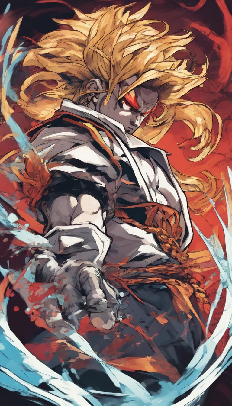 Ultra Supersayajin, diamond yellow colored hair and red eyes with black outlines painted around the eyes, white clothing with dragon tatoon print, good open screaming, fighting with much fury against enemy, scenery in heaven and earth