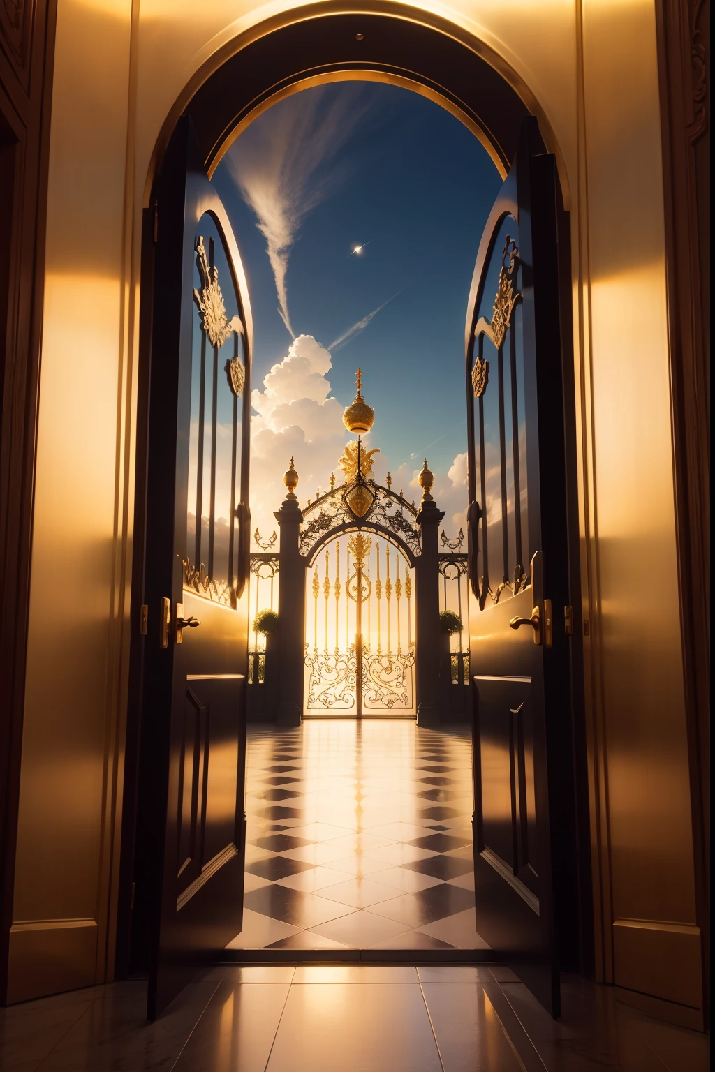 Create a picture of the gates of heaven, belissima, fotorrealista, celeste, surreal, linda, com luzes daindo dela, muito luminosa, with many clouds and golden gates, ouro, brilho, muitas asas de anjos