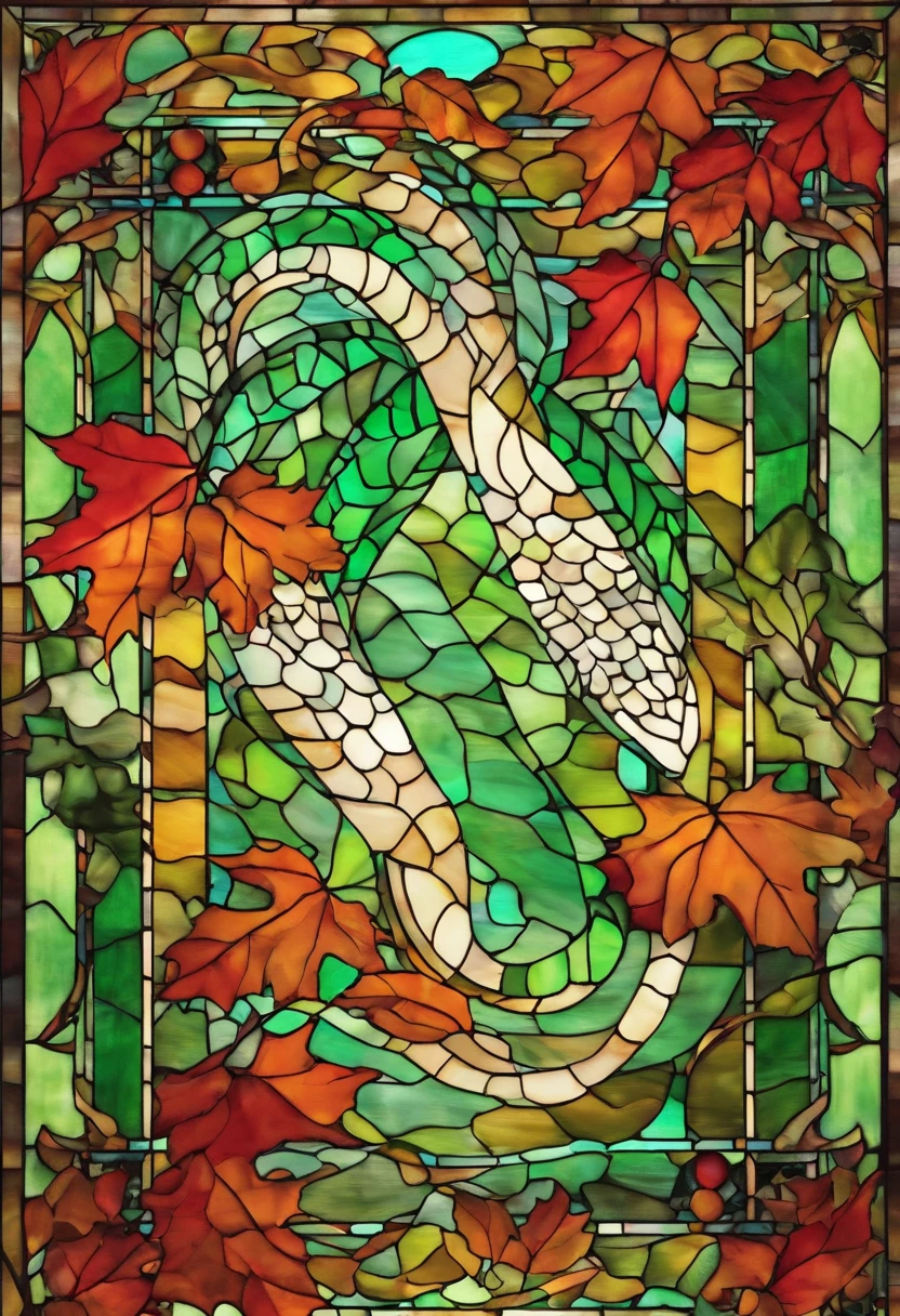 Two super cute green-eyed snakes among the winter maple leaves, Maple red, Beautiful scenery, Autumn, Red maples fly, long shot tracking photography