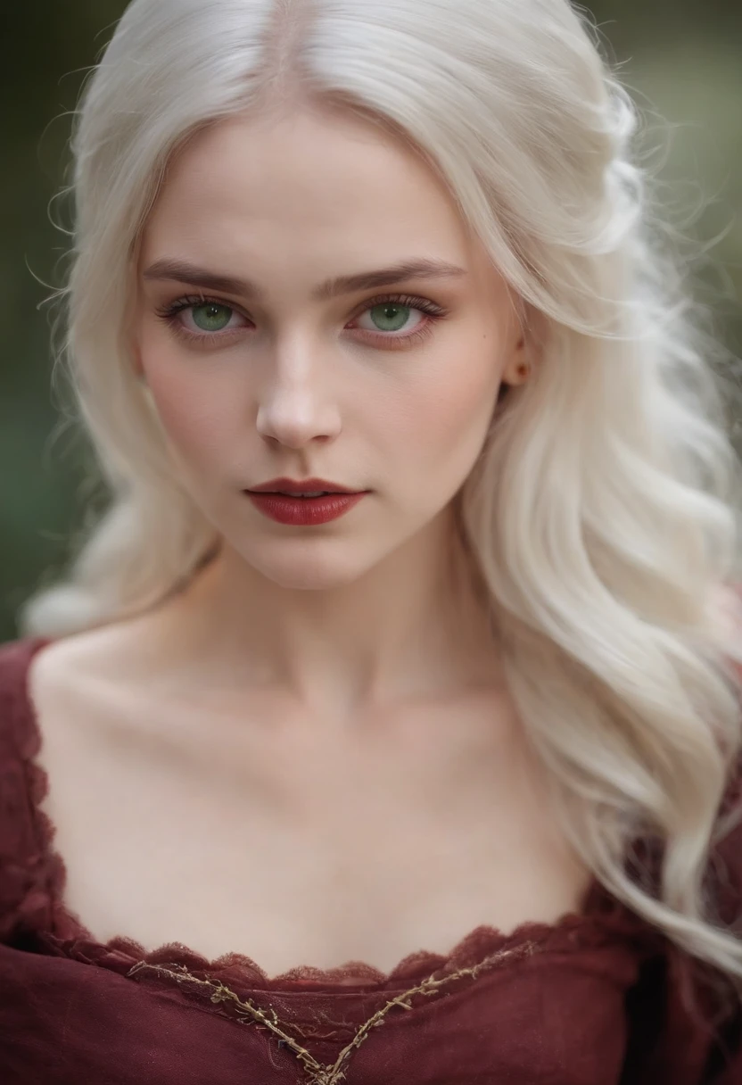 (((a deep reddish wound crosses her left cheek))) fair complexion, woman around 19 years old, natural white hair, distinctive green eyes, wearing kohl, slender and graceful, beautiful, candlelight in a medieval setting, ultra sharp focus, realistic shot, medieval female clothes, tetradic colors (scar:1.4)