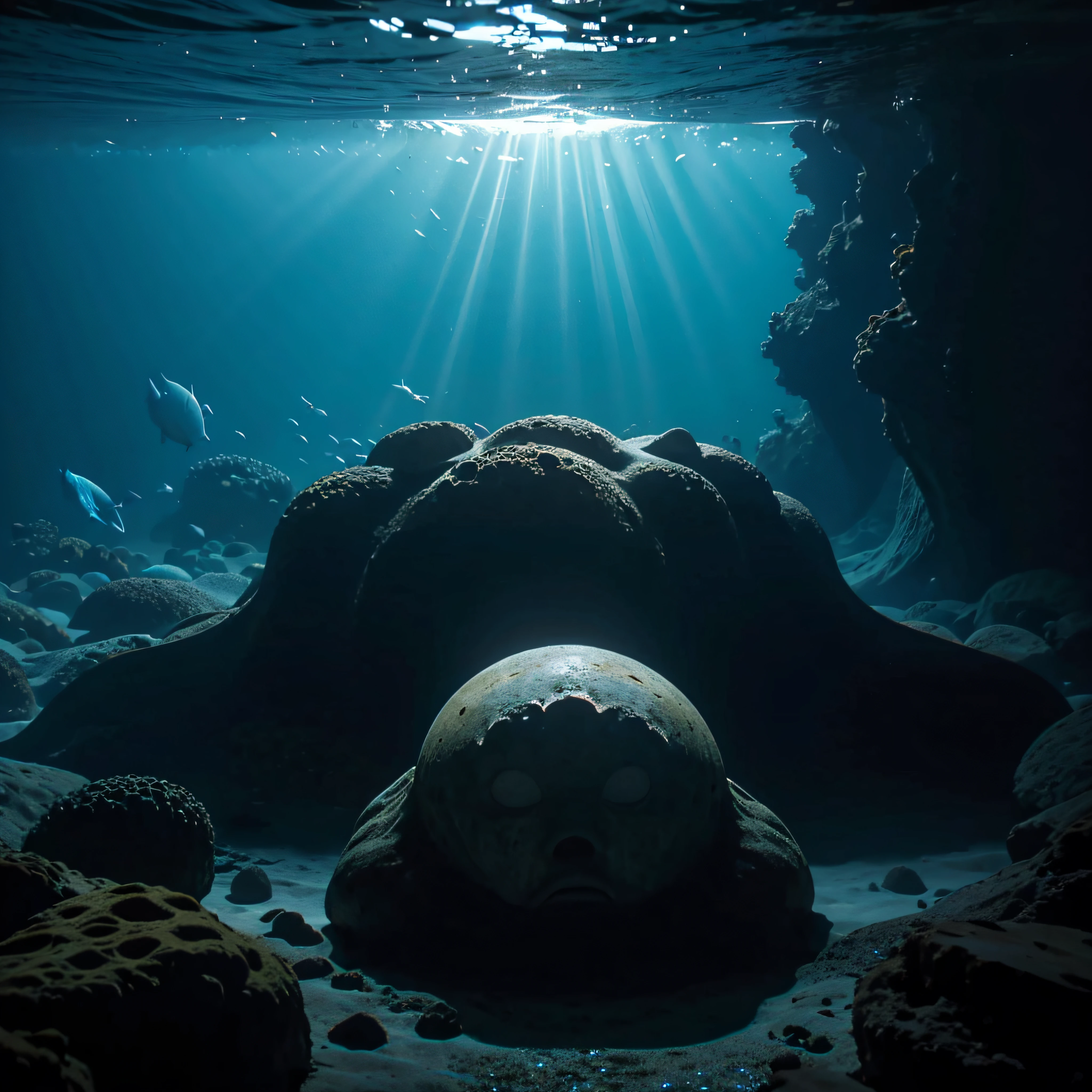 (extremadamente detallado, obra maestra, La mejor calidad, Under the Ocean), Estilo oscuro, volumetric illumination. textura de babosa, piel de caracol. ahogados flotando de fondo. Rococo composition.