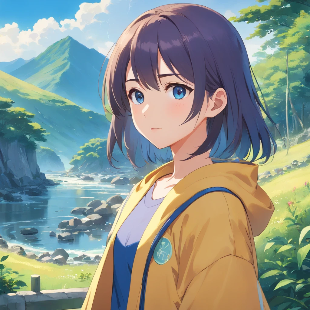 A girl in a yellow coat and blue pants stands in front of a landscape, single character, visual anime de uma bonito, anime illustration, anime moe artstyle, Iwakura Lain, hinata hyuga, retrato de corpo curto!, Fubuki, single character, como um personagem de anime, 插圖, cabelo curto azul escuro,profundidade de campo 1:5,Artes Oficiais, Unity 8k papel de parede, super-detalhado, lindo e bonito, master part, melhor qualidade, (Dynamic angle:1.4,qualidade superior,melhor qualidade,Artes Oficiais,Beauty and Aesthetics:1.2),extremamente detalhado,Colouring,Detalhes mais altos