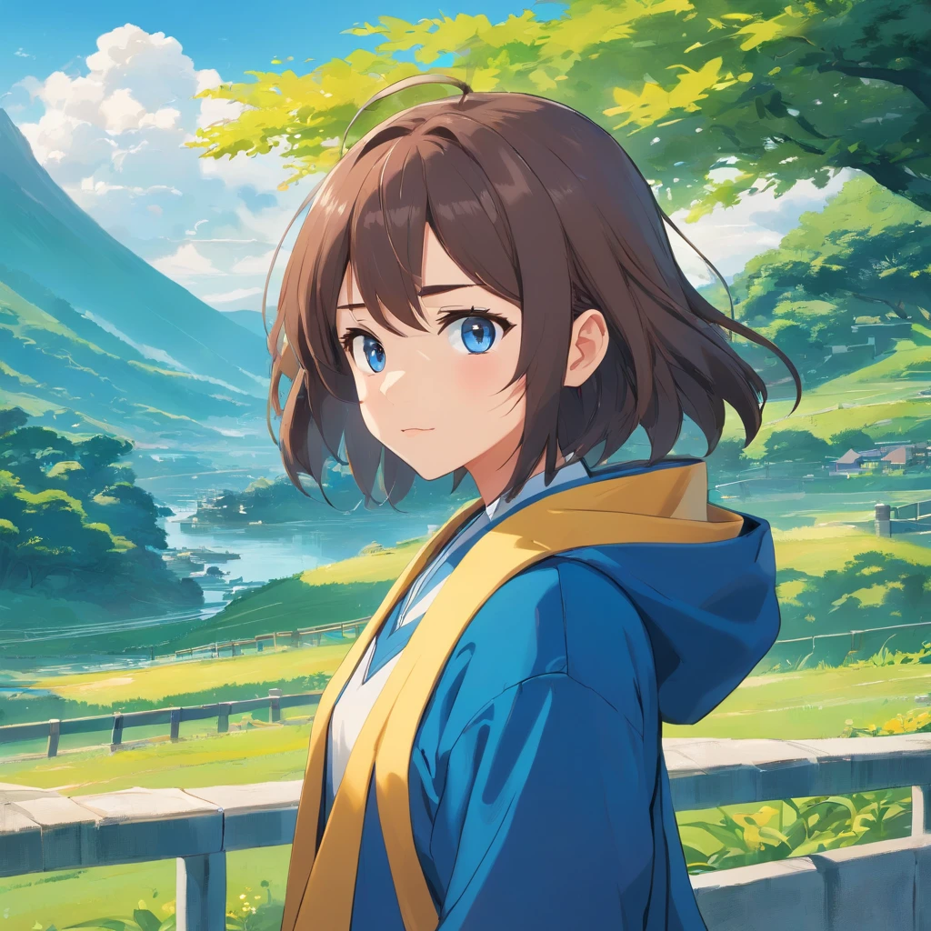 A girl in a yellow coat and blue pants stands in front of a landscape, single character, visual anime de uma menina bonito, anime illustration, anime moe artstyle, Iwakura Lain, hinata hyuga, retrato de corpo curto!, Fubuki, single character, como um personagem de anime, 插圖, cabelo curto azul escuro,profundidade de campo 1：5，Artes Oficiais， Unity 8k papel de parede， super-detalhado， lindo e bonito， master part， melhor qualidade， （Dynamic angle：1.4，qualidade superior，melhor qualidade，Artes Oficiais，Beauty and Aesthetics：1.2），extremamente detalhado，Colouring，Detalhes mais altos