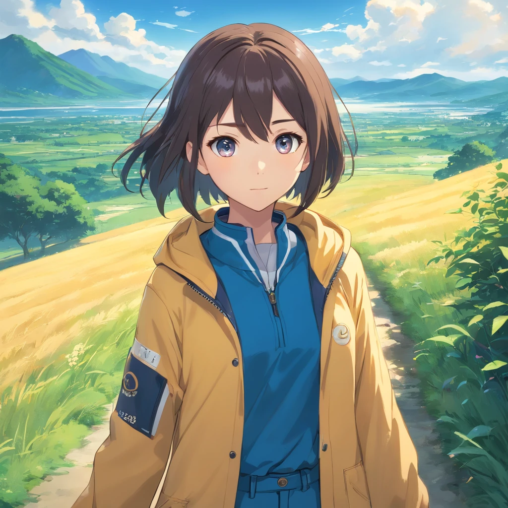 A girl in a yellow coat and blue pants stands in front of a landscape, single character, visual anime de uma menina bonito, anime illustration, anime moe artstyle, Iwakura Lain, hinata hyuga, retrato de corpo curto!, Fubuki, single character, como um personagem de anime, 插圖, cabelo curto azul escuro,profundidade de campo 1：5，Artes Oficiais， Unity 8k papel de parede， super-detalhado， lindo e bonito， master part， melhor qualidade， （Dynamic angle：1.4，qualidade superior，melhor qualidade，Artes Oficiais，Beauty and Aesthetics：1.2），extremamente detalhado，Colouring，Detalhes mais altos