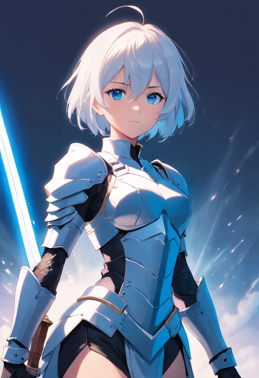short white haired girl in full body armor holding a longsword on the right side of her hand with blue colored eyes with a blank emotionless look with sleepy eyes.