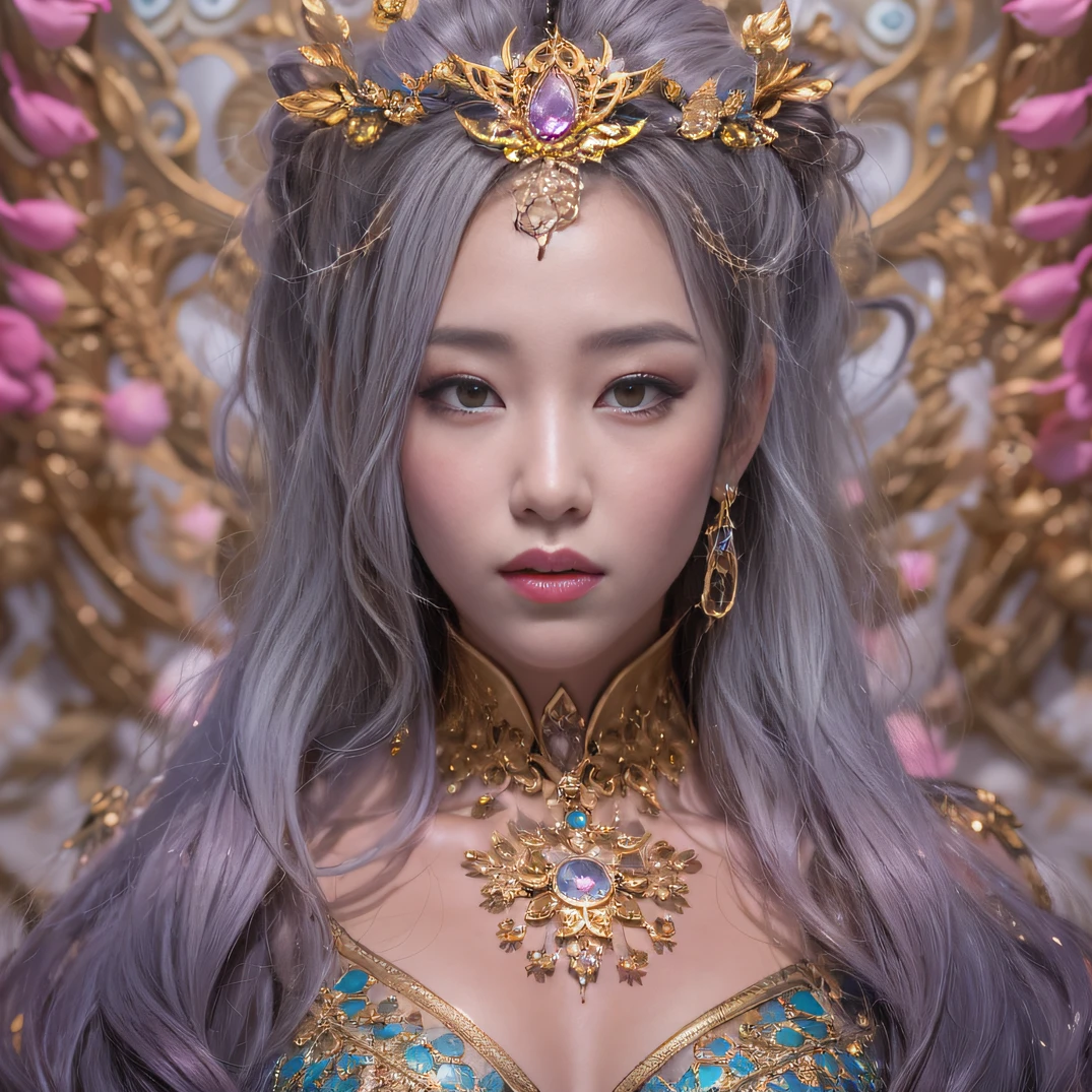 32K（tmasterpiece，k hd，hyper HD，32K）short detailed hair，Gold jewelry area in the back room，Flame Girl ，Yao Lang protector （realisticlying：1.4），Python pattern robe，Purple-pink tiara，Snowflakes fluttering，The background is pure，Hold your head high，Be proud，The nostrils look at people， A high resolution， the detail， RAW photogr， Sharp Re， Nikon D850 Film Stock Photo by Jefferies Lee 4 Kodak Portra 400 Camera F1.6 shots, Rich colors, ultra-realistic vivid textures, Dramatic lighting, Unreal Engine Art Station Trend, cinestir 800，Hold your head high，Be proud，The nostrils look at people