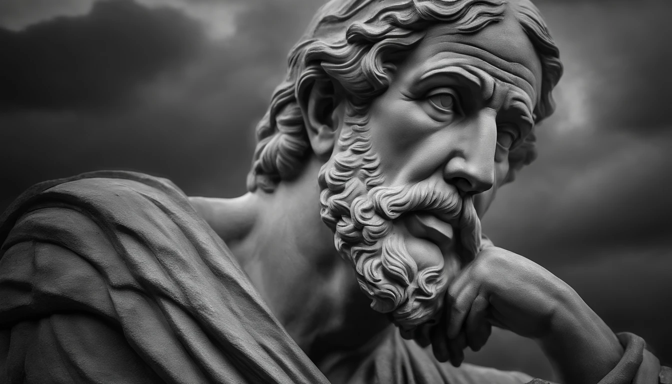 a portrait statue of the stoic Seneca in black and white 4K,Face de lado, papel de parede super realista com fogo atras, fogo no fundo, chamas