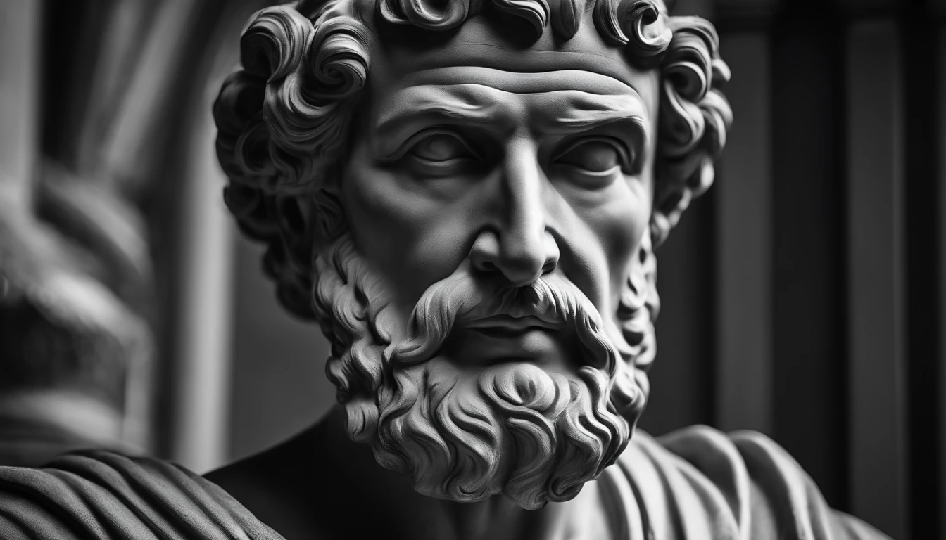 a portrait statue of the stoic Seneca in black and white 4K,Face de lado, papel de parede super realista com fogo atras, fogo no fundo, chamas