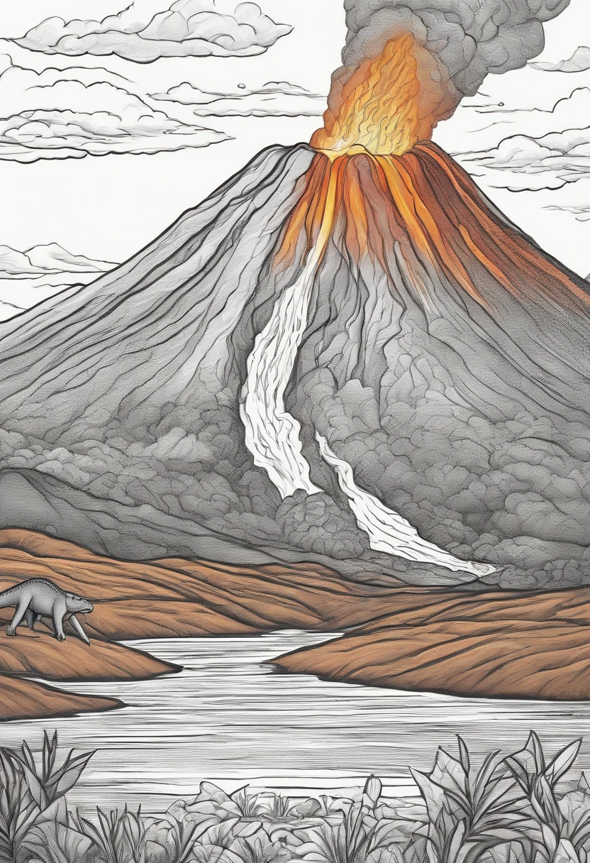 Coloring page for kids, Aelosaurus frente a un volcan en erupcion, Estilo de dibujos animados, thick lines, Bajo detalle, Sin sombreado: AR 9:11