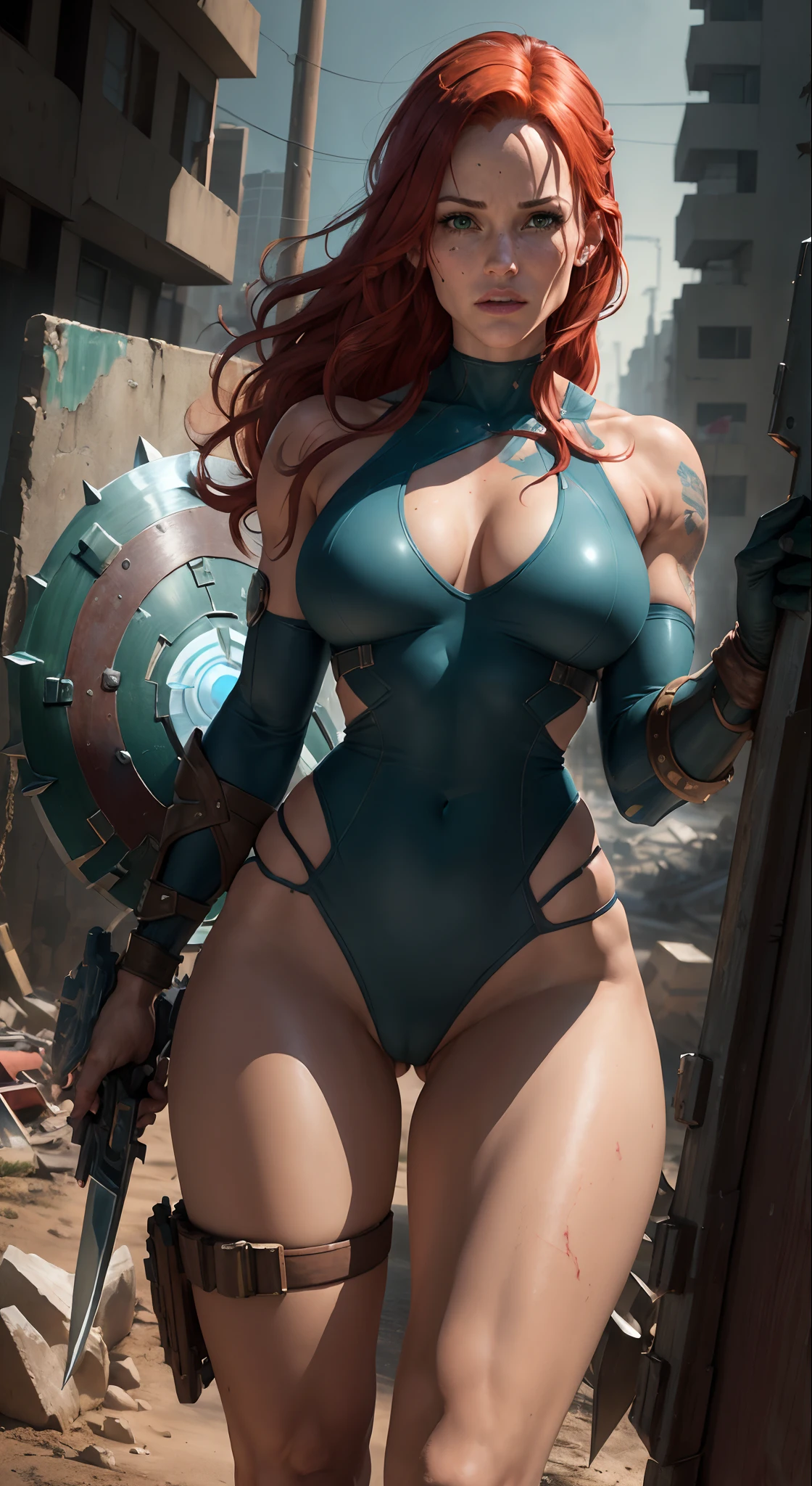 ((Jennifer Garner as Electra)), ((warrior tattoos covering entire body)), ((blue outfit)), ((very revealing outfit)),((red hair)), ((show lots of cleavage)), ((low cut outfit)), ((Marvel hero crossed with Tomb Raider)), ((holding a shield and sifi weapon)), ((skimpy outfit)), (Masterpiece, 4k resolution, ultra-realistic, very detailed), (City in destruction), [ ((25 years), (long red hair:1.2), full body, (green eyes:1.2), (show of strength), ((sandy urban environment):0.8)| (cityscape, at night, dynamic lights))] # Explanation: The Prompt mainly describes a 4K painting of ultra-high definition, very realistic, very detailed. It shows a superheroine. The theme in the painting is a white superhero theme, the female protagonist has long red hair, is 25 years old and her entire body is shown in the painting. cameltoe, camel toe.