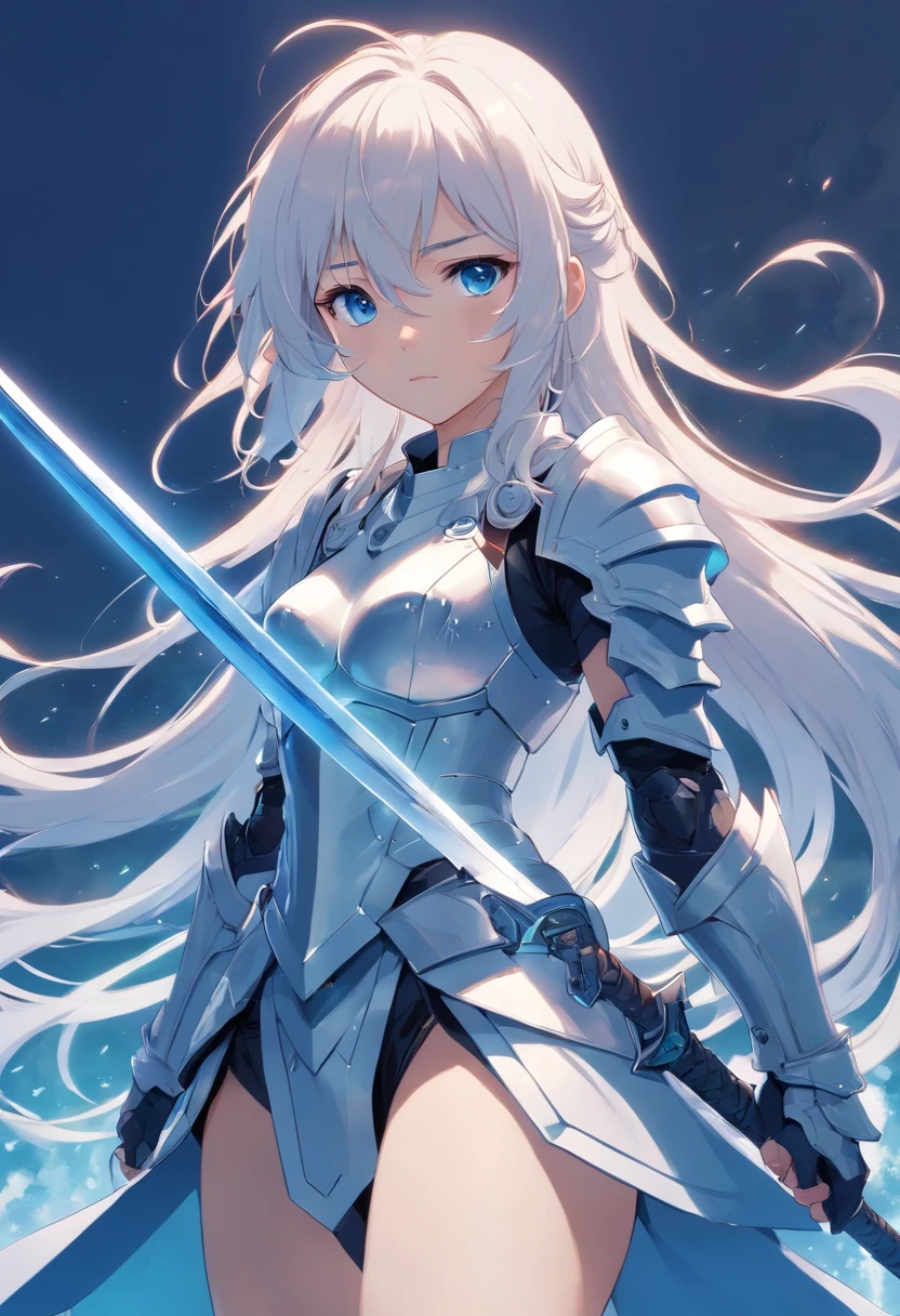 long white haired girl in full body armor holding a longsword on the right side of her hand with blue colored eyes with a blank expressionless look with sleepy eyes