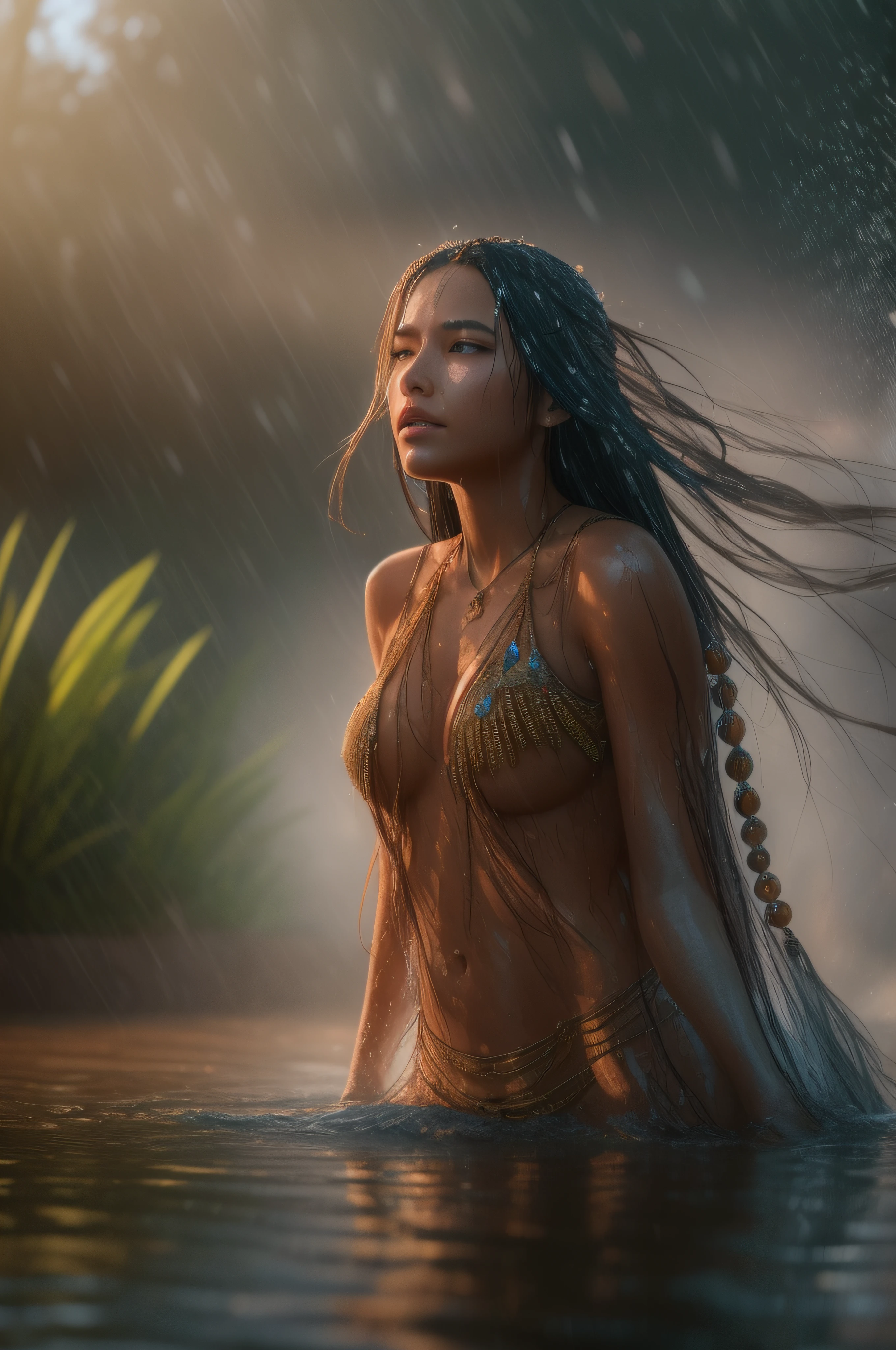A full body of a 19-year-old native beautiful Apache woman with tanned skin and a 20-year-old Apache. Both are dressed in very wet sexy Apache loincloths, no top clothing, big breasts, her long wet fire-red hair blowing in the wind as they kiss passional. professional photography, natural lighting, volumetric lighting maximalist photo illustration 8k resolution concept art intricately detailed, complex, elegant, expansive, fantastical, realistic beauty, unique eyes, natural beauty, forest, feminine, rain, river bank, sultry beauty, professional portrait, abstract beauty. super detailed photography, Play of light in the sun rain, downpour, ((a drop of water falling from a height onto the surface of the water)), splashes, luminism, intricate, 4k concept art volumetric light, unrealistic engine, global illumination, detailed environment.