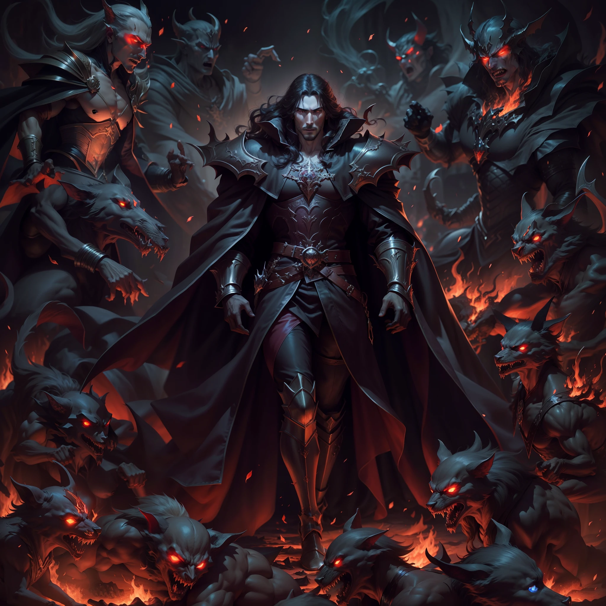 Castlevania Hyper Realistic Shadow Lord Super Love Story Detailed High Quality Masterpiece Lord Dracula with his beloved an army of demons surrounding the hyper realistic burning fire