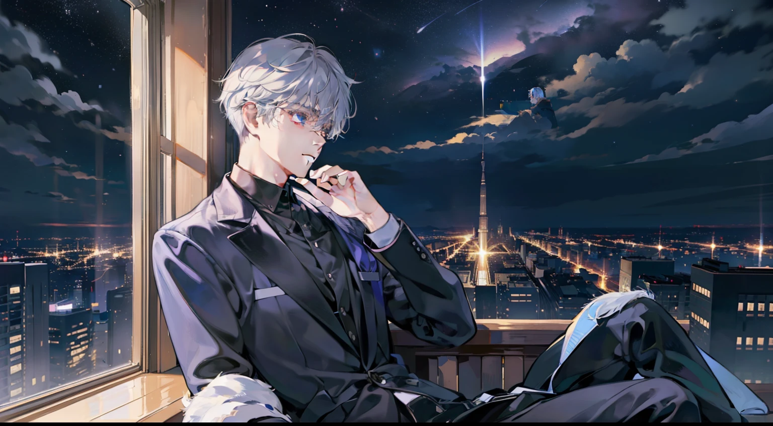 top-quality、masterpiece、Starry sky on night background、One silver-haired man sitting in the corner of the screen、Wolfcut、Physical education sitting、Profile angle