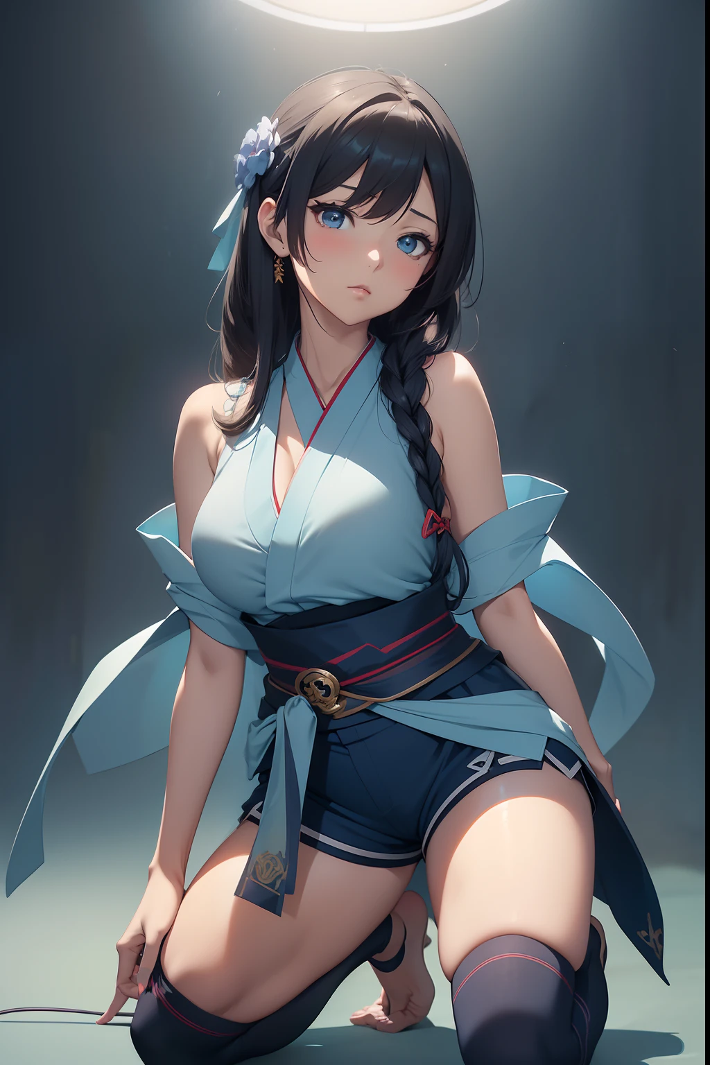 (masterpiece, best quality, photorealistic, cinematic), expressive eyes, perfect face, perfect hands, large cleavage, long round legs, round ass, (((anime girl kneeling in a form-fitting light blue and sleeveless kimono-style blouse, tied with a dark obi around her waist and short deep blue shorts))), (black-haired mage, a gentle curl hairstyle), seductive anime girl, Ayaka genshin impact, extremely detailed artgerm, from girls frontline, range murata and artgerm, xianxia, style artgerm, beautiful alluring anime woman, thicc, guweiz on artstation pixiv, ((nude)), ((medium shot, front view)), ((dynamic background)), ((both hands at the back of her head))