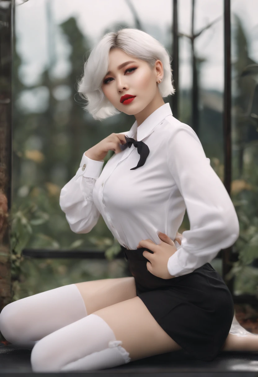 Sweet expression, kneeling, hands between legs, white glasses, white short hair, (8k, RAW photo, photorealistic:1.25) ,( lip gloss, eyelashes, glossy face, glossy skin, best quality, Super high resolution, depth of field, chromatic aberration, caustics, wide light, natural shadows, Kpop idol) looking at viewer with serenity and goddess-like bliss, full body, big breasts, white underwear, black stockings, see-through shirt, white shirt, secretary