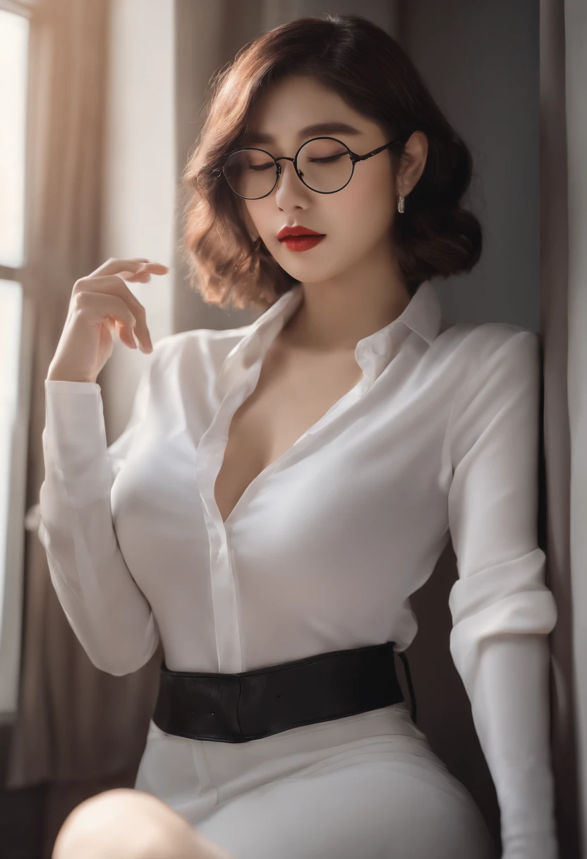 Sweet expression, kneeling, hands between legs, white glasses, white short hair, (8k, RAW photo, photorealistic:1.25) ,( lip gloss, eyelashes, glossy face, glossy skin, best quality, Super high resolution, depth of field, chromatic aberration, caustics, wide light, natural shadows, Kpop idol) looking at viewer with serenity and goddess-like bliss, full body, big breasts, white underwear, black stockings, see-through shirt, white shirt, secretary