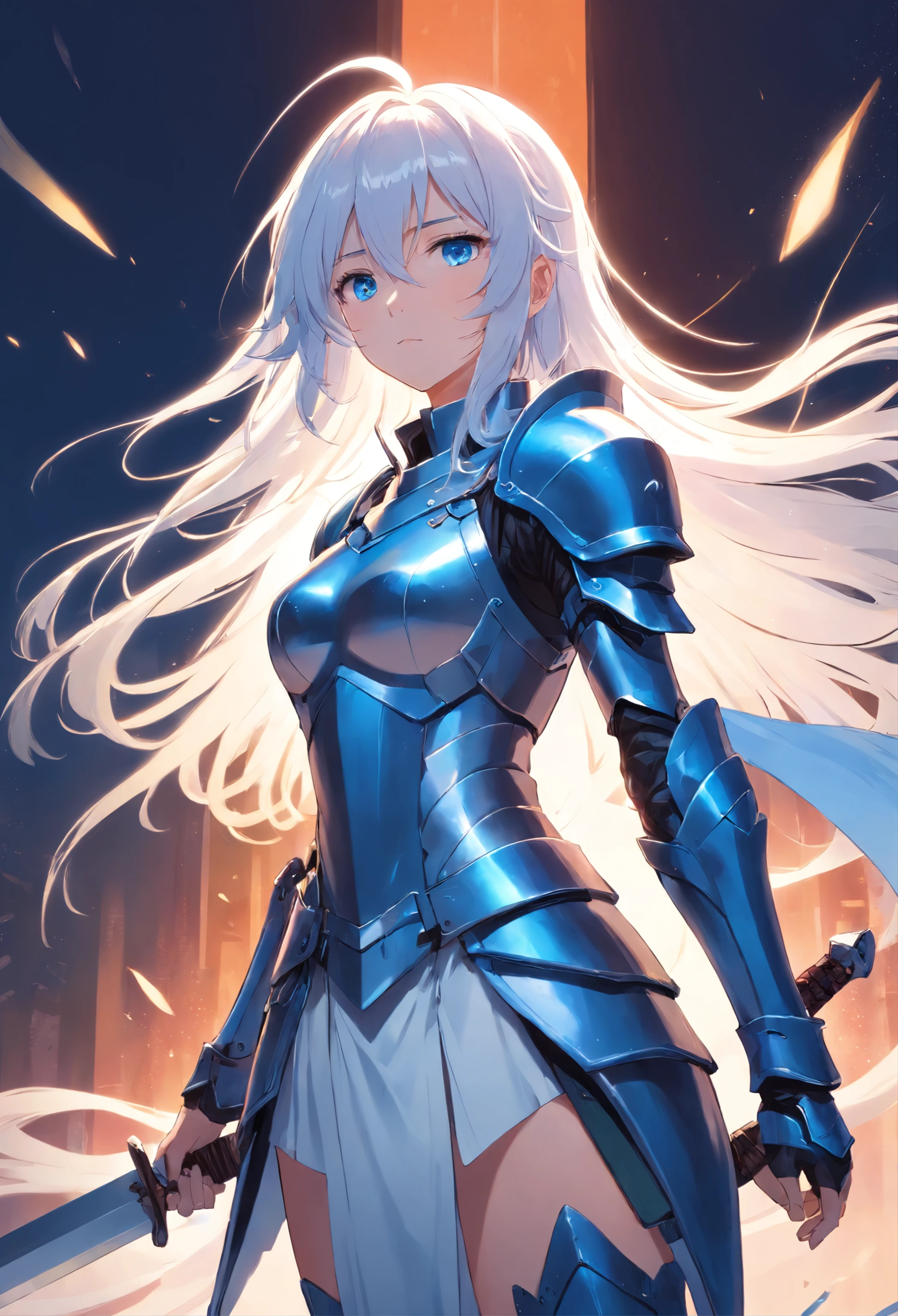 long white haired girl in full body armor holding a longsword on the right side of her hand with blue colored eyes with a blank expressionless look with sleepy eyes