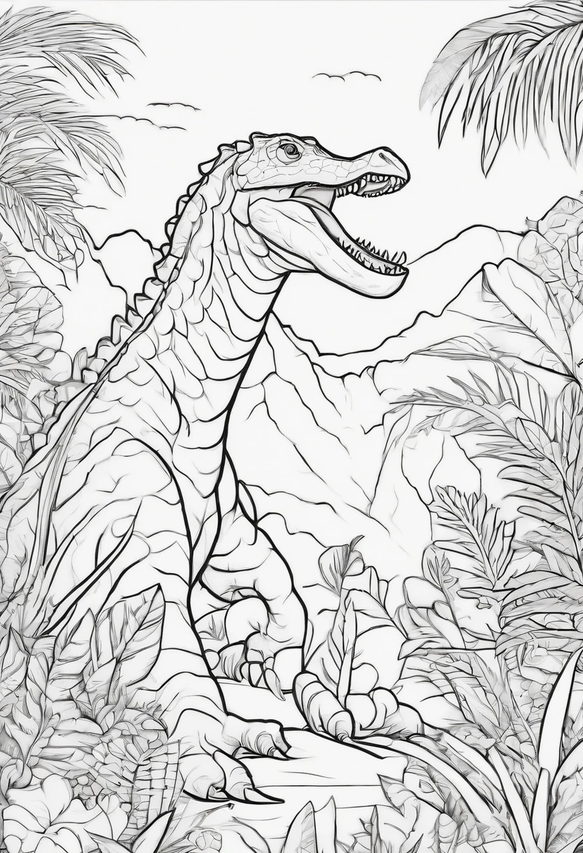 Coloring page for children, Estegosauro in a jungle, Cartoon style, thick lines, Low detail, No shading: AR 9:11