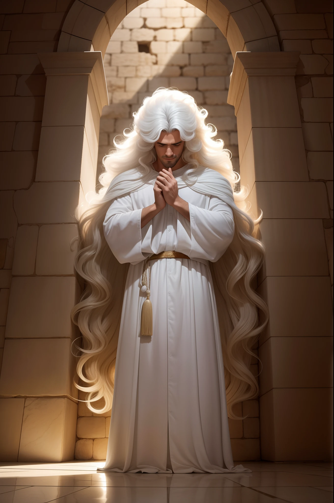1 homem com um manto branco, manto, big hair standing on the Western Wall, chorando e orando, e a luz do iluminador