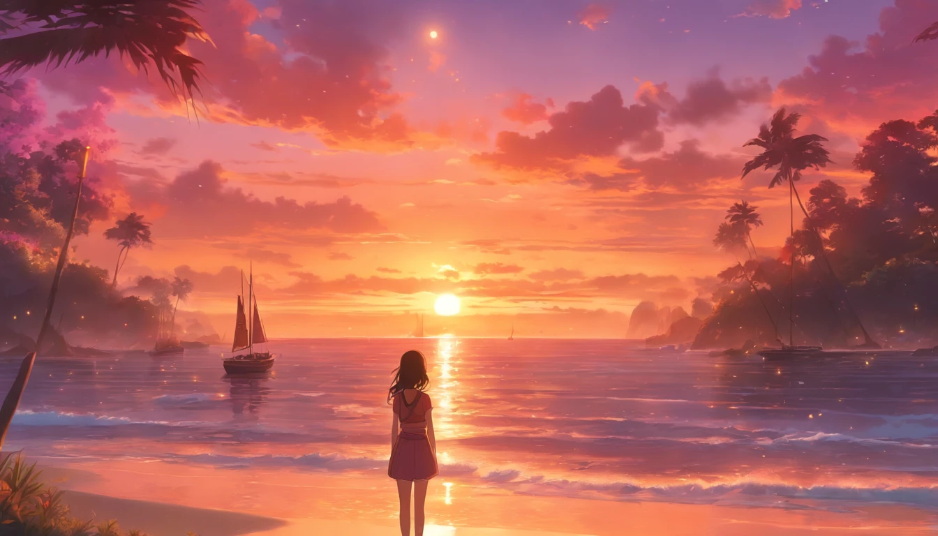 A woman standing on a beach looking at the sunset - SeaArt AI