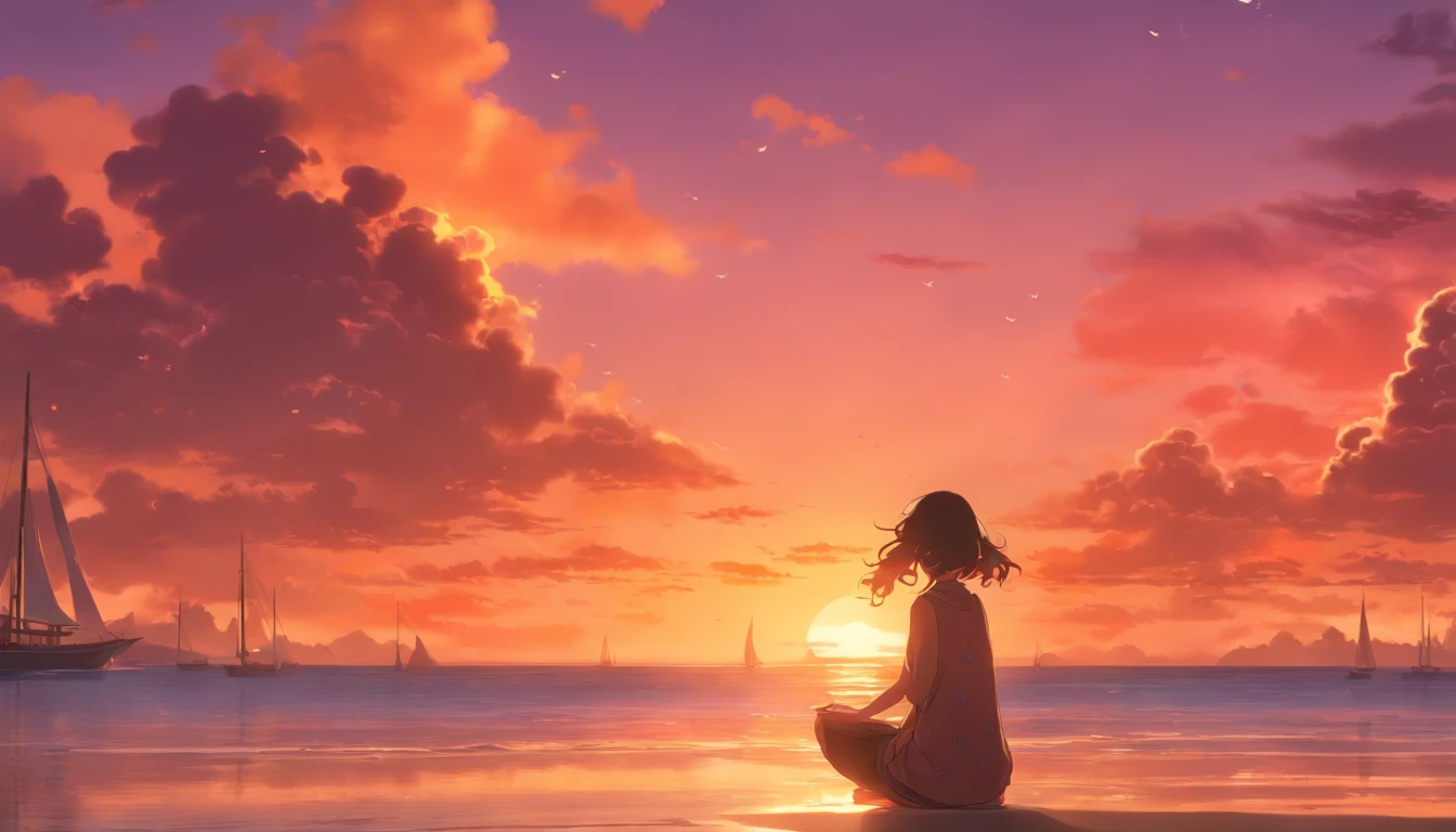 (best quality,4k,8k,highres,masterpiece:1.2),ultra-detailed,realistic,photorealistic:1.37,a girl meditating on the beach,beautiful detailed eyes,beautiful detailed lips,peaceful expression,serene atmosphere,soft sandy shore,gentle waves crashing,tropical palm trees swaying in the breeze,sunlight reflecting on the water,salt air that fills the lungs,warm golden hour lighting,glowing sunset on the horizon,silhouette of distant sailboats,crimson and orange hues,pink and purple clouds painting the sky