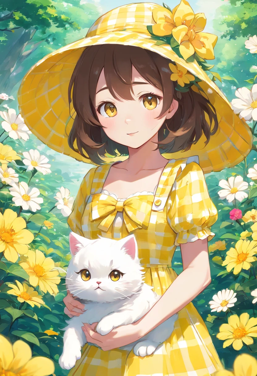 a cute adorable white cat, hello kitty style inspiration, wearing a yellow gingham dress, an hisbiscus flower in the style of a hat, beautiful wide eyes with hearts, surrounded with flowers, 2d, children's coloring book, thick lines, vector art, pen art, best quality