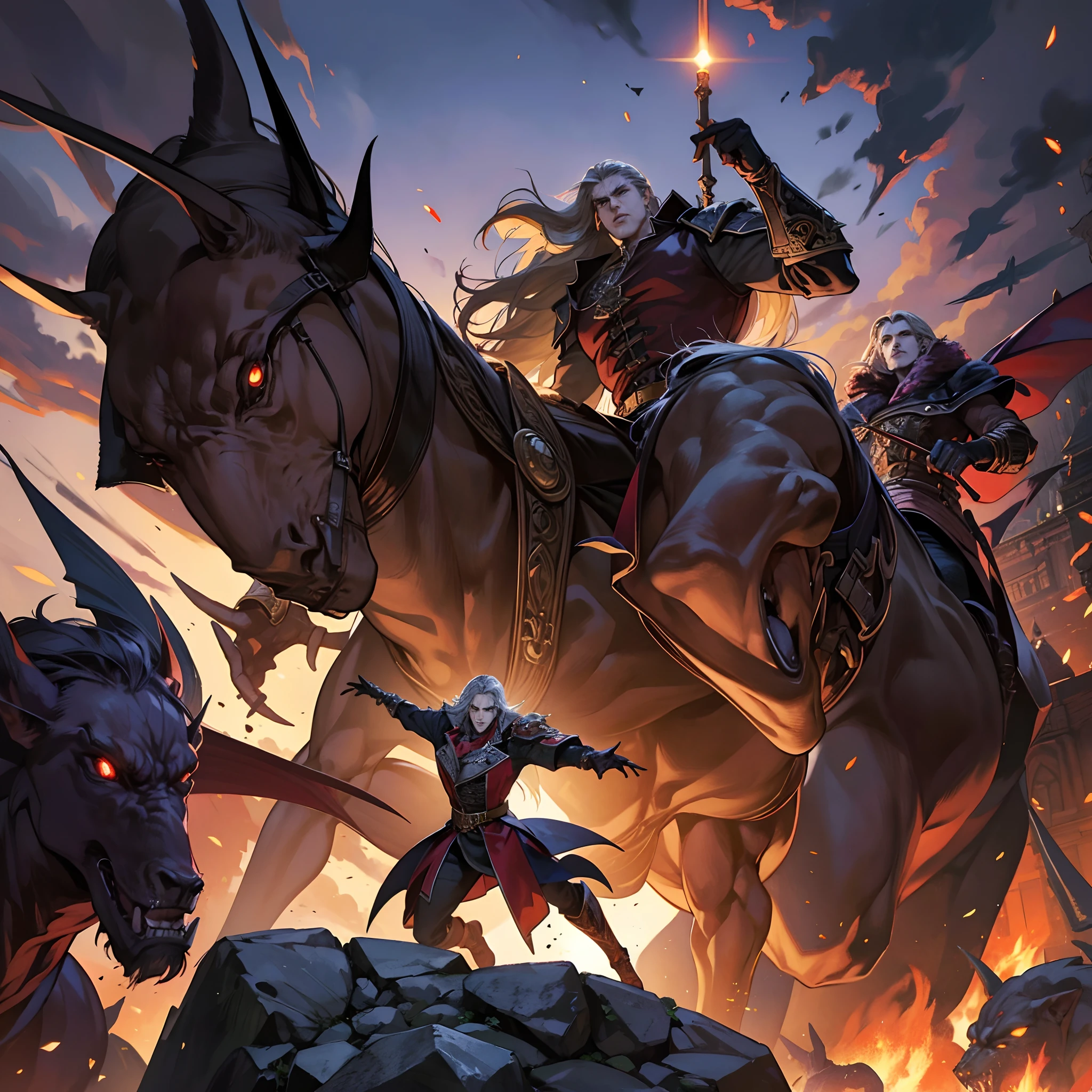 Castlevania Shadow Lord handsome muscular Lord Dracula leading troops armed with demons to war hyper realistic super detailed Dynamic pose super detailed faces hyper realistic super detailed