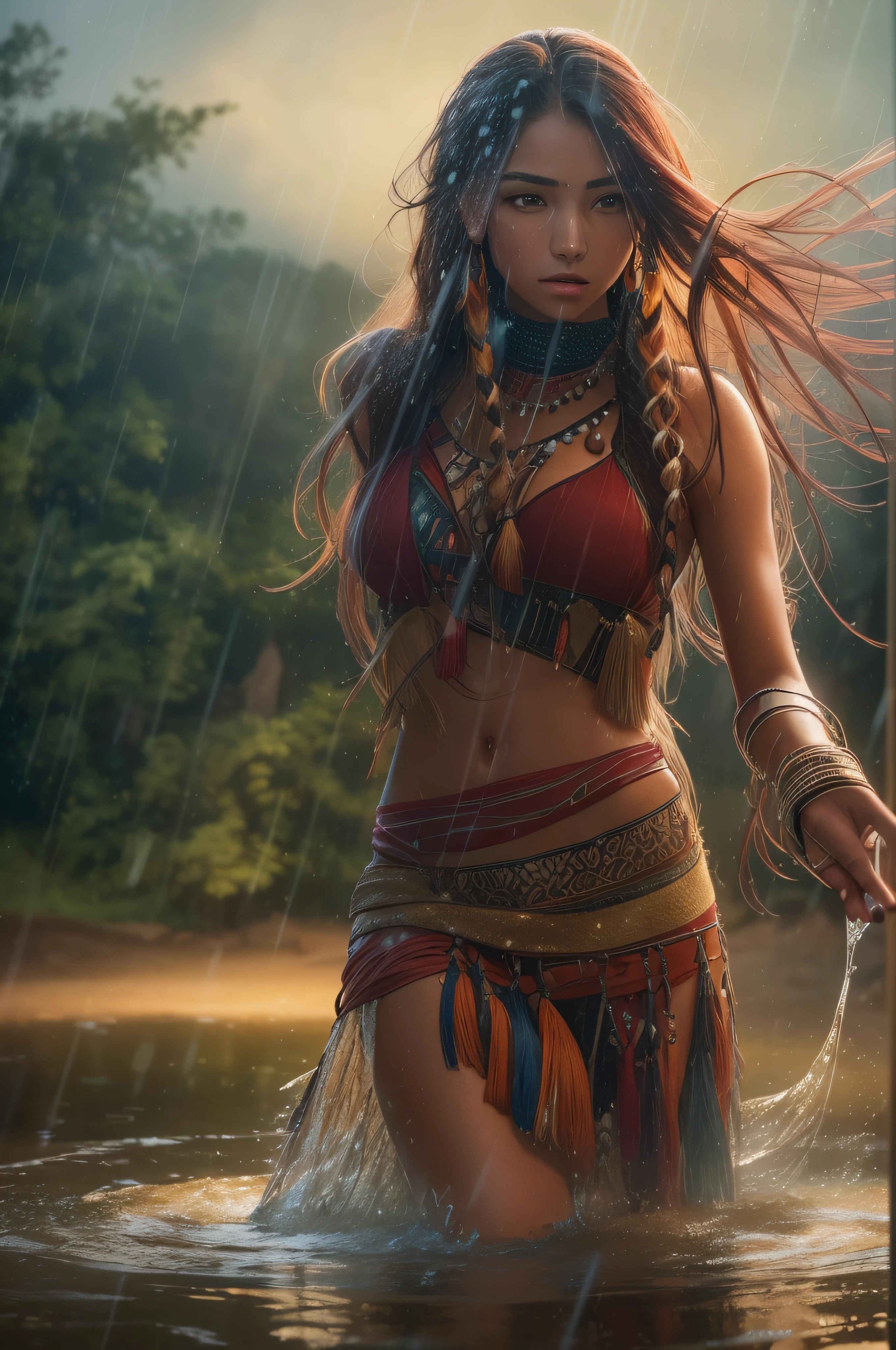 A full body of a 19-year-old native beautiful Apache woman with tanned skin and a 20-year-old Apache. Both are dressed in very wet sexy Apache loincloths, no top clothing, huge breasts, her long wet fire-red hair blowing in the wind as they kiss passional. professional photography, natural lighting, volumetric lighting maximalist photo illustration 8k resolution concept art intricately detailed, complex, elegant, expansive, fantastical, realistic beauty, unique eyes, natural beauty, forest, feminine, rain, river bank, sultry beauty, professional portrait, abstract beauty. super detailed photography, Play of light in the sun rain, downpour, ((a drop of water falling from a height onto the surface of the water)), splashes, luminism, intricate, 4k concept art volumetric light, unrealistic engine, global illumination, detailed environment.