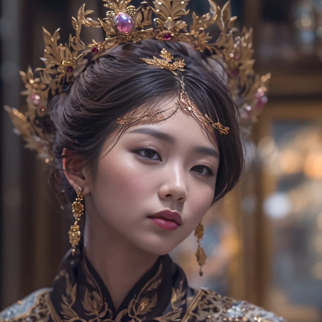 32K(tmasterpiece,k hd,hyper HD,32K)Short burgundy hair,Gold jewelry area in the back room,Flame Girl ,Yao Lang protector (realisticlying:1.4),Python pattern robe,Purple-pink tiara,Snowflakes fluttering,The background is pure,Hold your head high,Be proud,The nostrils look at people, A high resolution, the detail, RAW photogr, Sharp Re, Nikon D850 Film Stock Photo by Jefferies Lee 4 Kodak Portra 400 Camera F1.6 shots, Rich colors, ultra-realistic vivid textures, Dramatic lighting, Unreal Engine Art Station Trend, cinestir 800,Hold your head high,Be proud,The nostrils look at people,Short burgundy hair