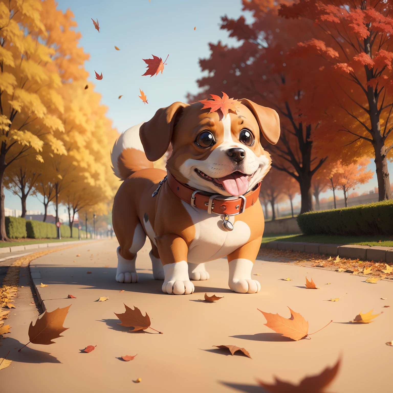 The dog is made of ruddy bread, cartoonish style, against the backdrop of an autumn park and falling leaves