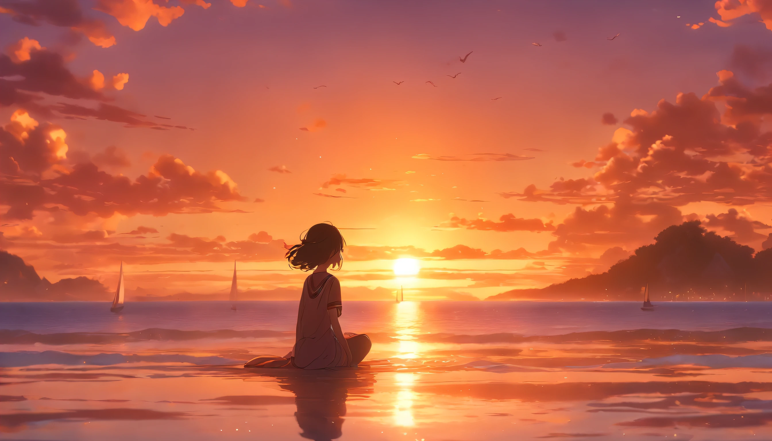 (best quality,4k,8k,highres,masterpiece:1.2),ultra-detailed,realistic,photorealistic:1.37,a girl meditating on the beach,beautiful detailed eyes,beautiful detailed lips,peaceful expression,serene atmosphere,soft sandy shore,gentle waves crashing,tropical palm trees swaying in the breeze,sunlight reflecting on the water,salt air that fills the lungs,warm golden hour lighting,glowing sunset on the horizon,silhouette of distant sailboats,crimson and orange hues,pink and purple clouds painting the sky