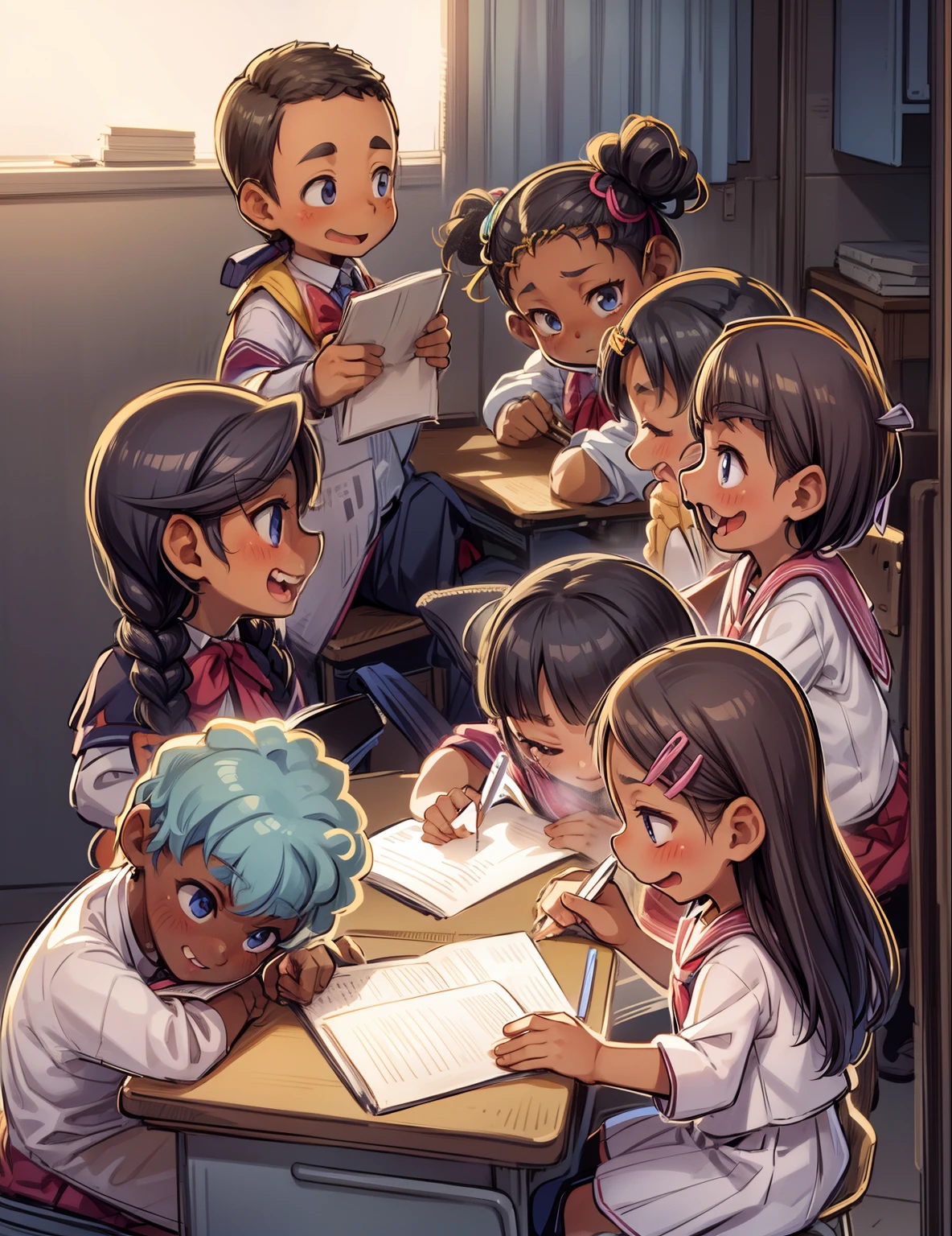 CHILDREN in a school doing their homework, riendo, anotando, escribiendo,