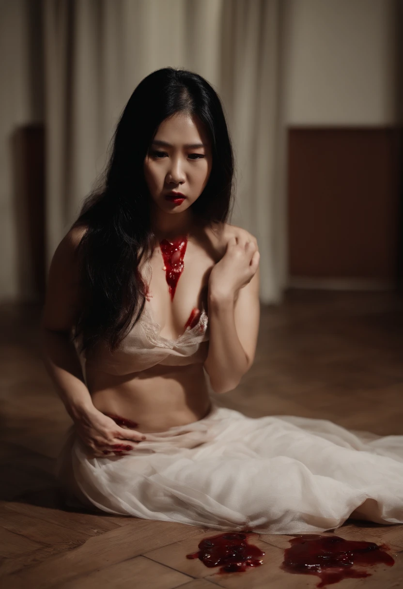 Asian girl stabbed to death at her chest with a knife, her face shocked, her body covered of blood and dying with many wound at her body laying at the floor naked body, full body, death a woman who was stabbed in the chest with a knife, her face was shocked with the knife still stuck in her chest, her stomach contents were spilling out and she was dying