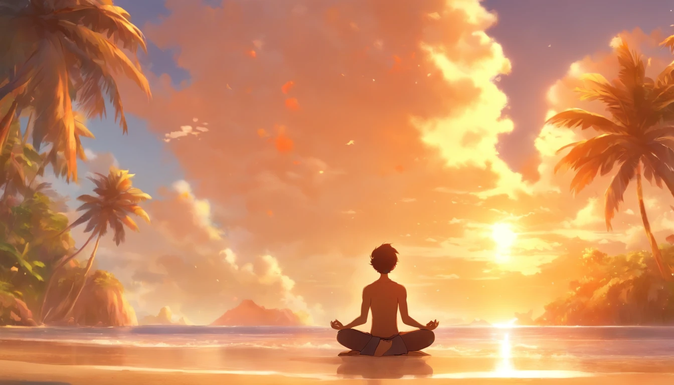(a boy meditating),(best quality,highres),(serene and peaceful atmosphere),(calm ocean,clear blue sky),(tropical island with lush greenery),(gentle waves),(golden sunlight),(soft sand),(tranquility),(harmony with nature),(yoga pose),(deep in thought),(mindfulness and inner peace),(stillness),(reflection),(eyes closed,relaxed facial expression),(serenity),(bokeh effect),(coconut trees),(secluded paradise),(harmonious colors),(golden hour lighting)