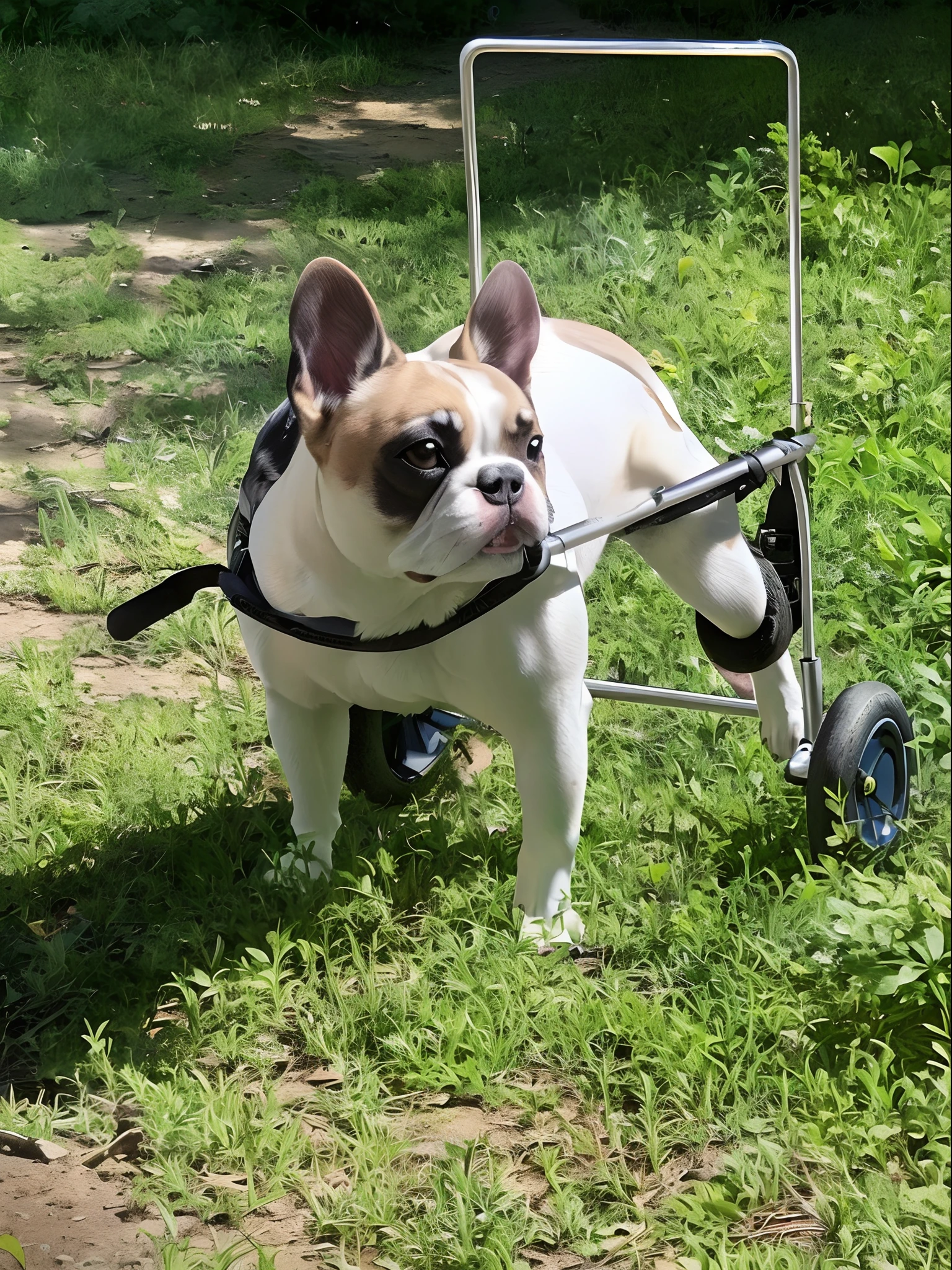 there is a small dog that is pulling a cart in the grass, hurt, french bulldog, broken wheelchair, wheelchair, injured, sitting in a wheelchair, looking to the side off camera, looking towards the camera, looking off to the side, bella, looking from side!, having fun in the sun, two legged with clawed feet, crutches, front and center