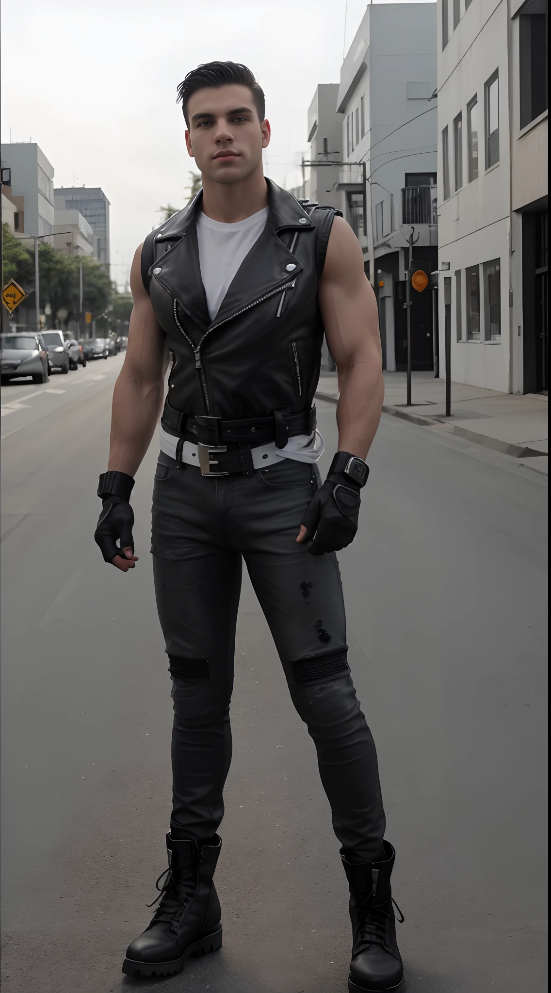 full body image front view medium shot of a muscular caucasian man, aged 21 years, short straight black hair, wearing workout gloves, dressed up in a white t-shirt bellow a closed sleeveless biker leather jacket, black jeans with a belt and motorcycle boots, standing on a street, looking into the camera