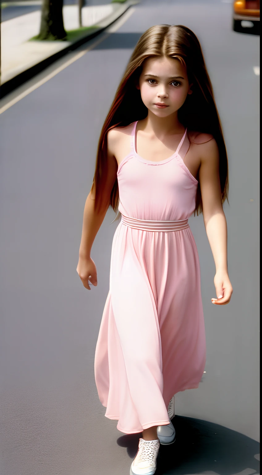 Old image quality photo from the 90's of a girl she walking down the street and wearing a long sleeveless light pink long dress the girl has a long brown hair
